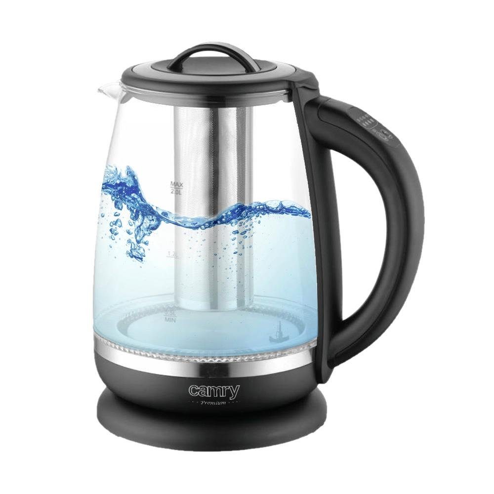 Camry Wasserkocher CR 1290b Glaswasserkocher mit Temperaturwahl, 2 l, 2200 W, Teesieb, Warmhaltefunktion, LED Beleuchtung, Glas Teekocher, Schwarz