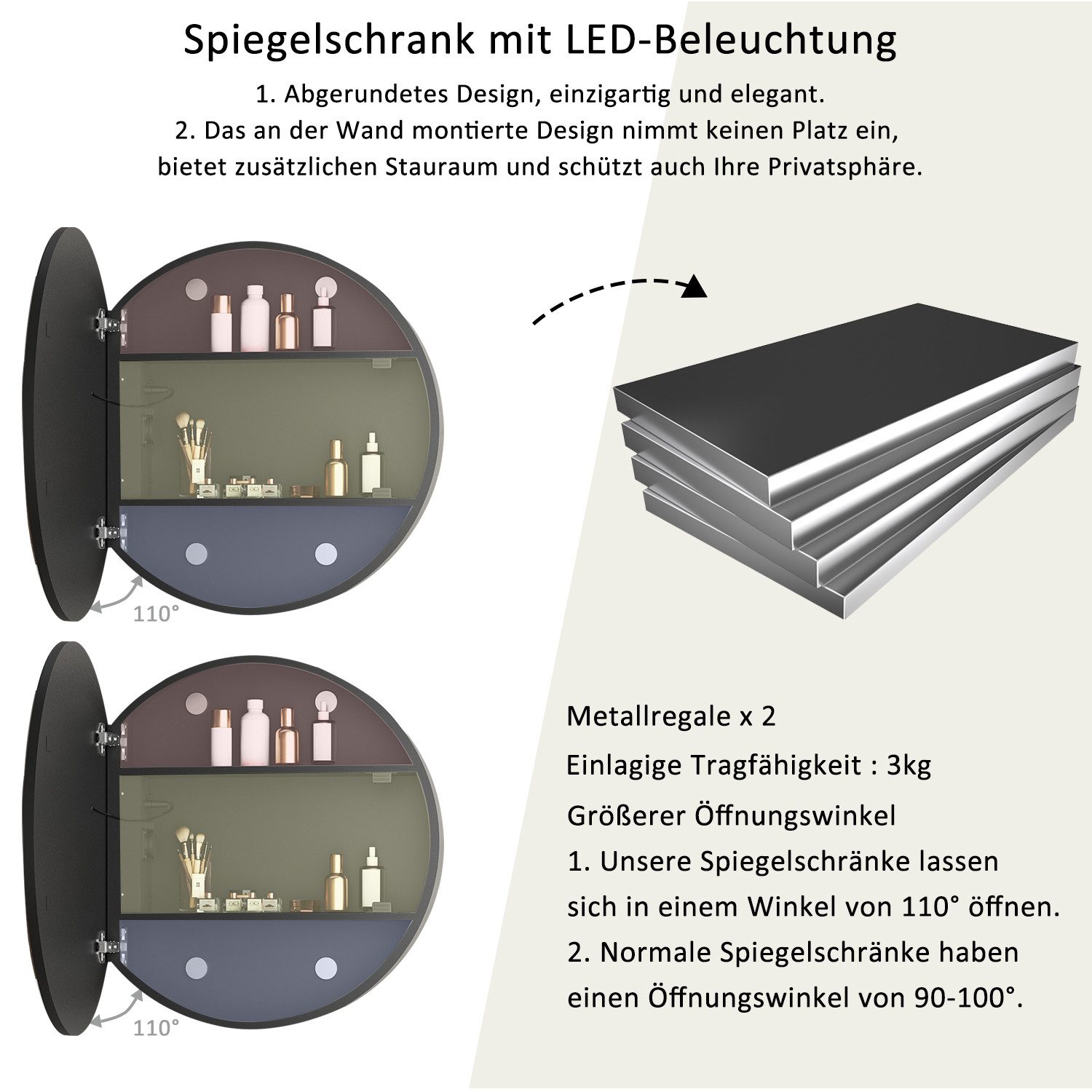 WDWRITTI Spiegelschrank Rund 60cm Badezimmerspiegelschrank mit beleuchtung günstig online kaufen