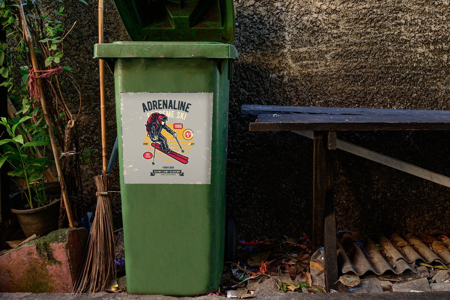 MuchoWow Wandsticker Ski Mülleimer-aufkleber, Sport Mülltonne, (1 St), Container, Sticker, Abfalbehälter - - Jahrgang