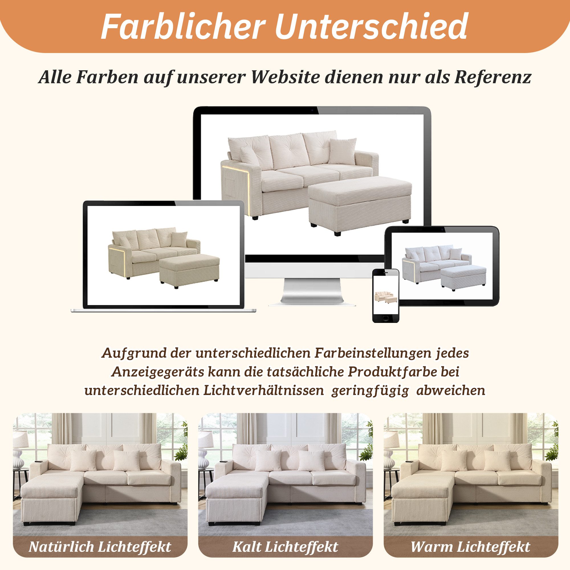 Merax 3-Sitzer L-förmiges Sofa mit LED-Beleuchtung, Wolkenweiches Sitzgefühl, Modulares Design, Cordstoff 1 Teile, 3-Sitzer Sofa mit Extra großer Ottoman, Seite – Bild 5 von 5