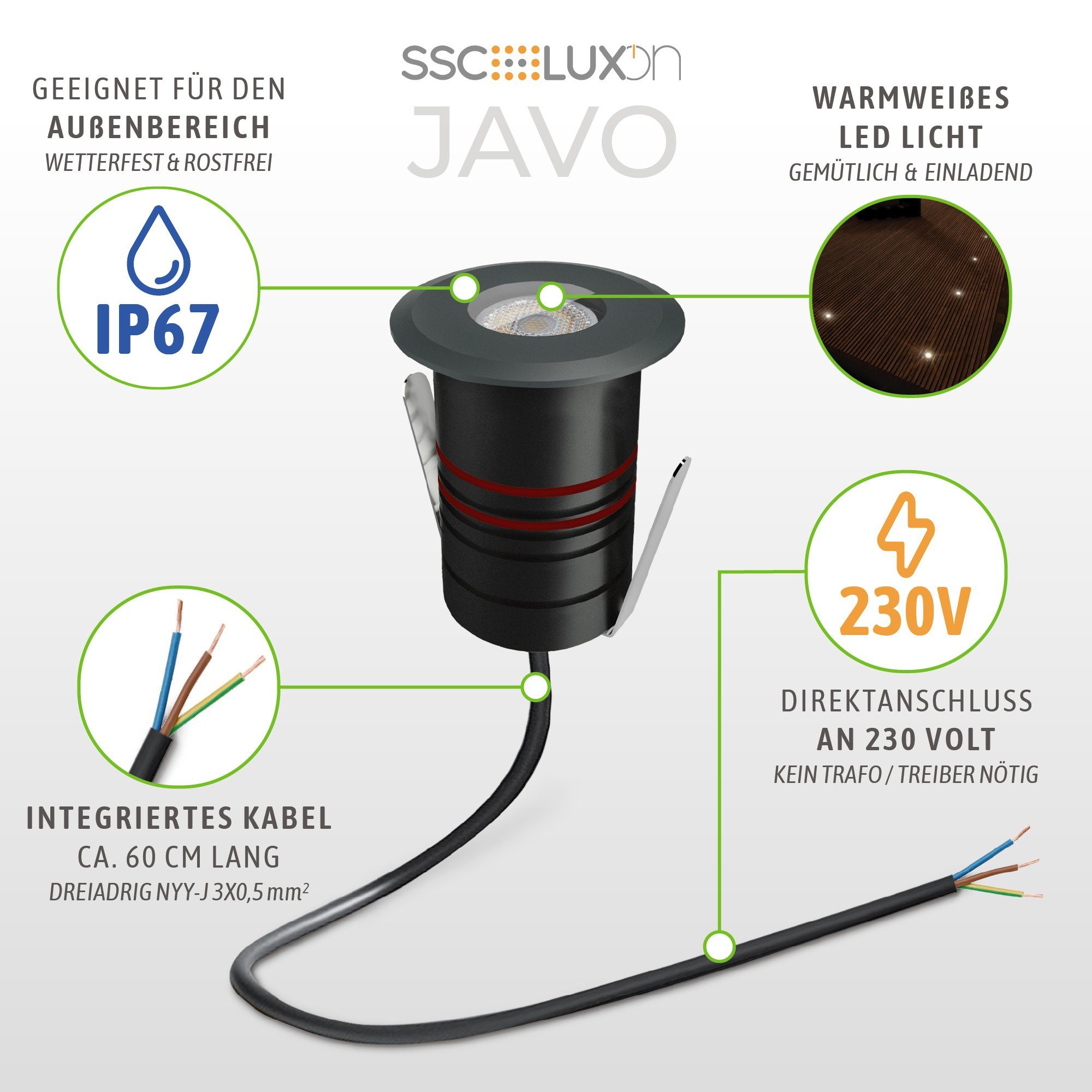 SSC-LUXon LED Gartenstrahler Warmweiß für IP67 230V JAVO anthrazit Außen LED Bodenstrahler Mini warmweiß