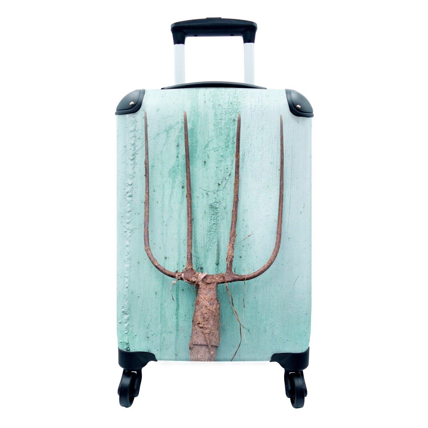 MuchoWow Handgepäckkoffer Eine rostige Mistgabel vor einem hellblauen Hintergrund, 4 Rollen, Reisetasche mit rollen, Handgepäck für Ferien, Trolley, Reisekoffer
