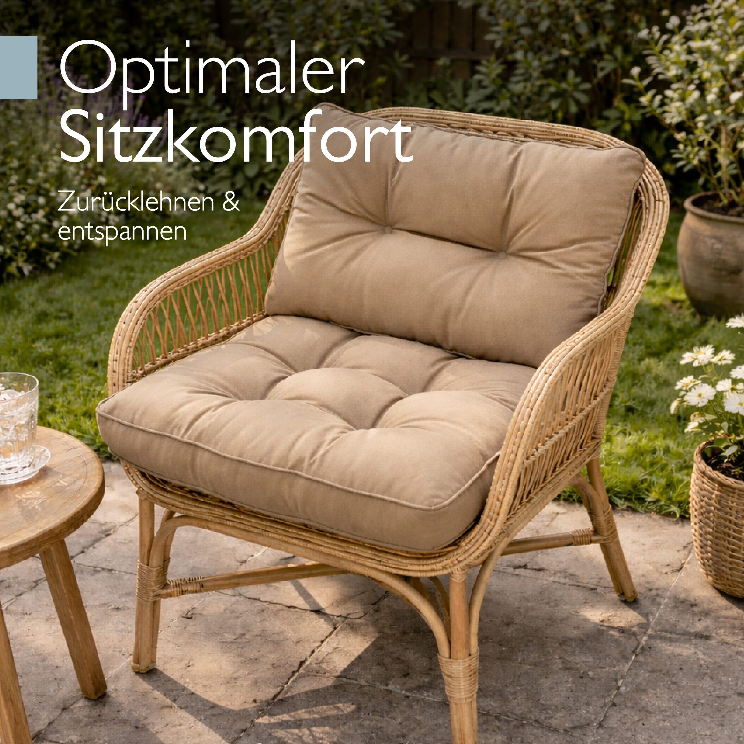 Beautissu Sitzkissen Outdoor Loungekissen Flair Sitz + Rücken 50x40cm, 50x50cm, Natur, Wetterfest Schmutzabweisend Polster für Gartenmöbel
