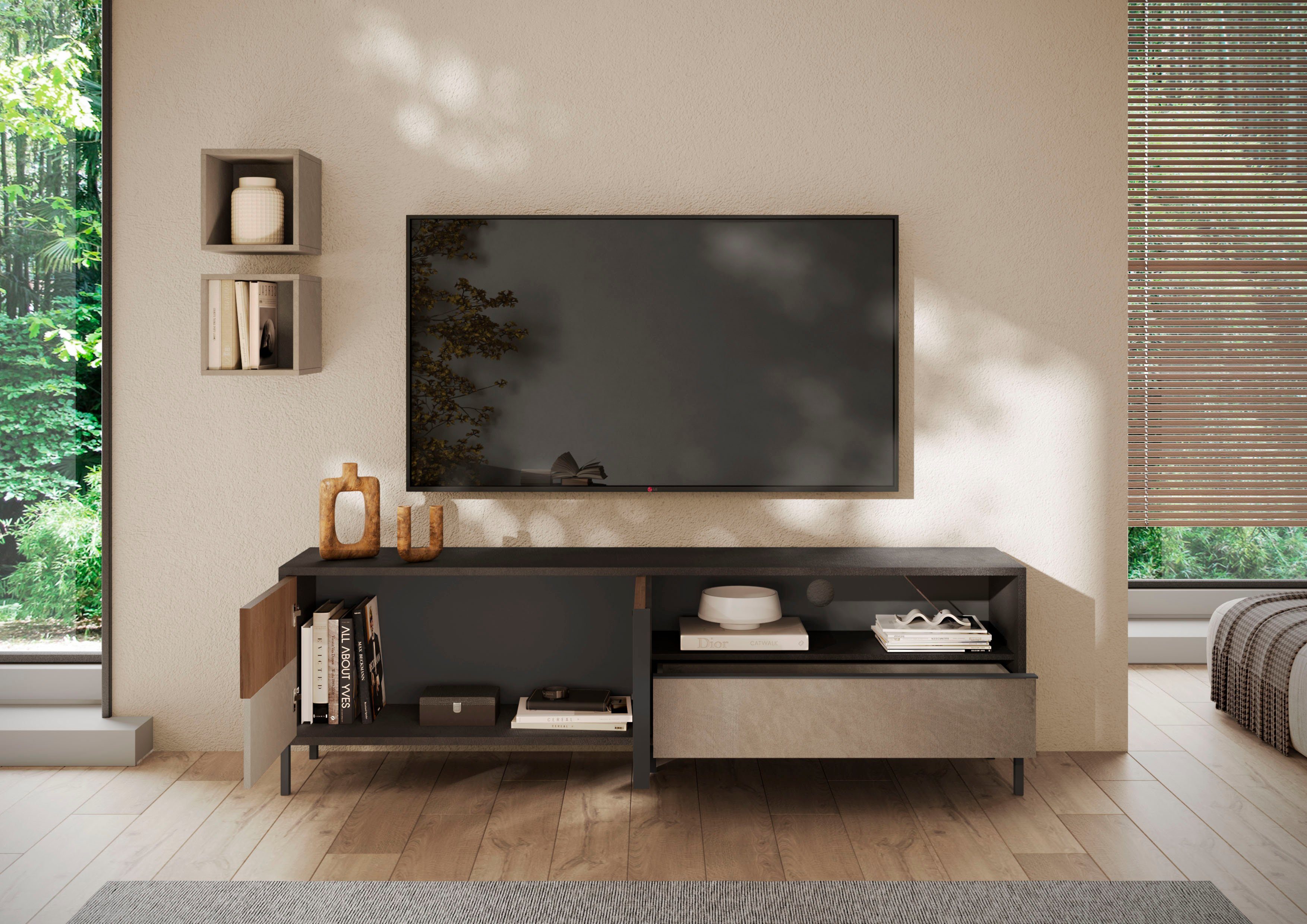 Home affaire Lowboard Everest Breite 206 cm, TV-Board mit 2 Türen u. 1 Schubkasten, Fernsehtisch, TV-Schrank, Soft/Self Closing, Korpus 22 mm