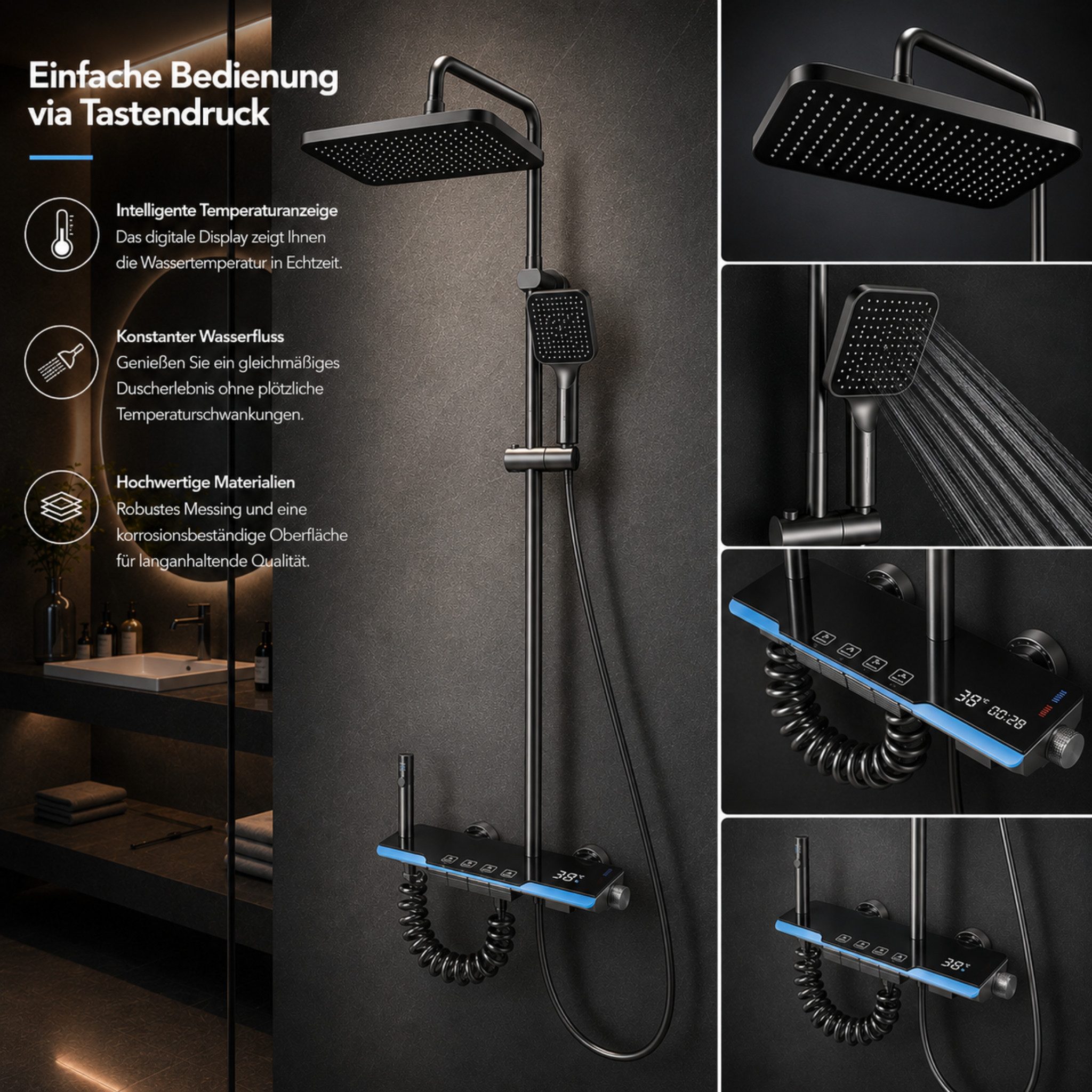 LuxaSteel Duscharmatur Duschsystem Duscharmatur mit LED Display & Regendusche (Duschsystem Komplettset, Komplettset inklusive Regendusche, Handbrause und Montagematerial) LED Display, Temperaturanzeige, Air-Injection-System