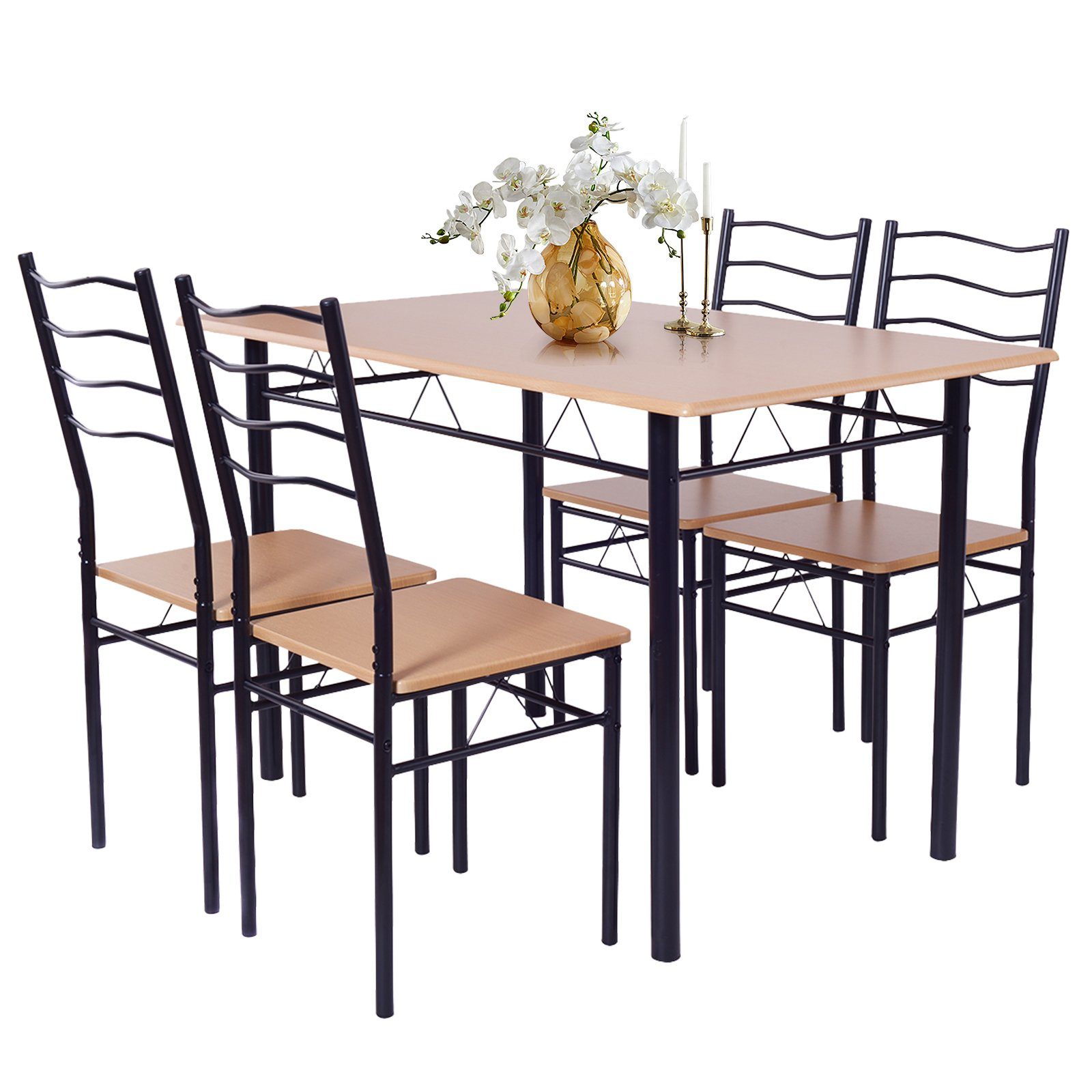 COSTWAY Esstisch (5-St), Küchentisch mit 4 Stühlen, mit hoher Rückenlehne schwarz