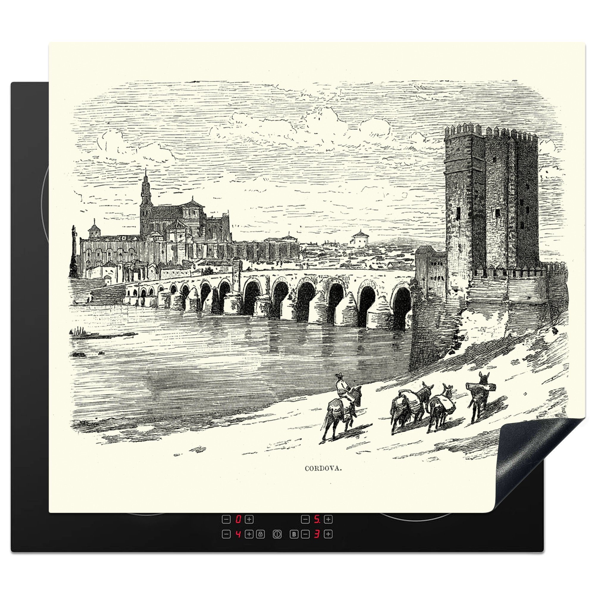 MuchoWow Herdblende-/Abdeckplatte Vintage-Illustration der römischen Brücke in Corboda, Vinyl, (1 tlg), 60x52 cm, Mobile Arbeitsfläche nutzbar, Ceranfeldabdeckung