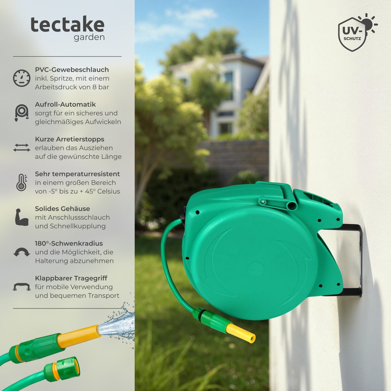tectake Bewässerungsschlauch Schlauchtrommel, mit ½ Zoll Schnellkupplung, Arbeitsdruck 8 bar