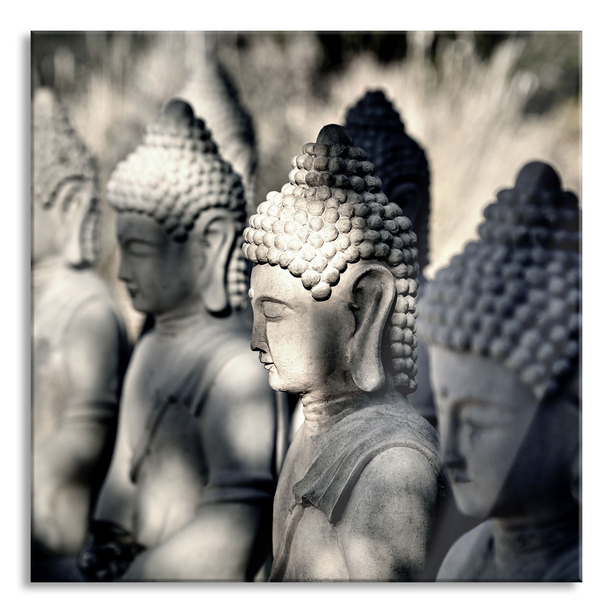 Pixxprint Glasbild Buddha-Statuen in einer Reihe, Buddha-Statuen in einer Reihe (1 St), Glasbild aus Echtglas, inkl. Aufhängungen und Abstandshalter