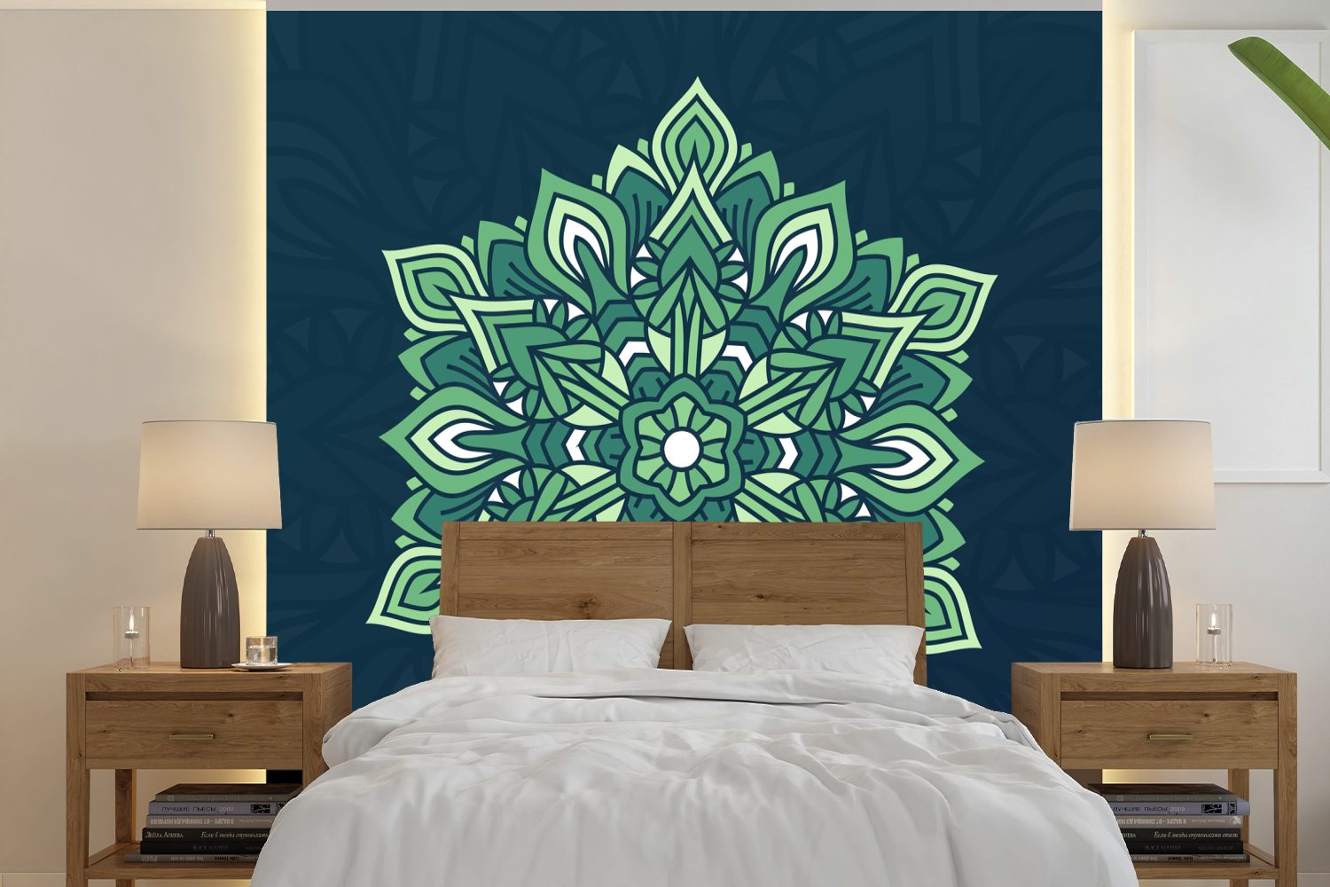 MuchoWow Fototapete Mandala abstrakt grün, Matt, bedruckt, (5 St), Vinyl Tapete für Wohnzimmer oder Schlafzimmer, Wandtapete