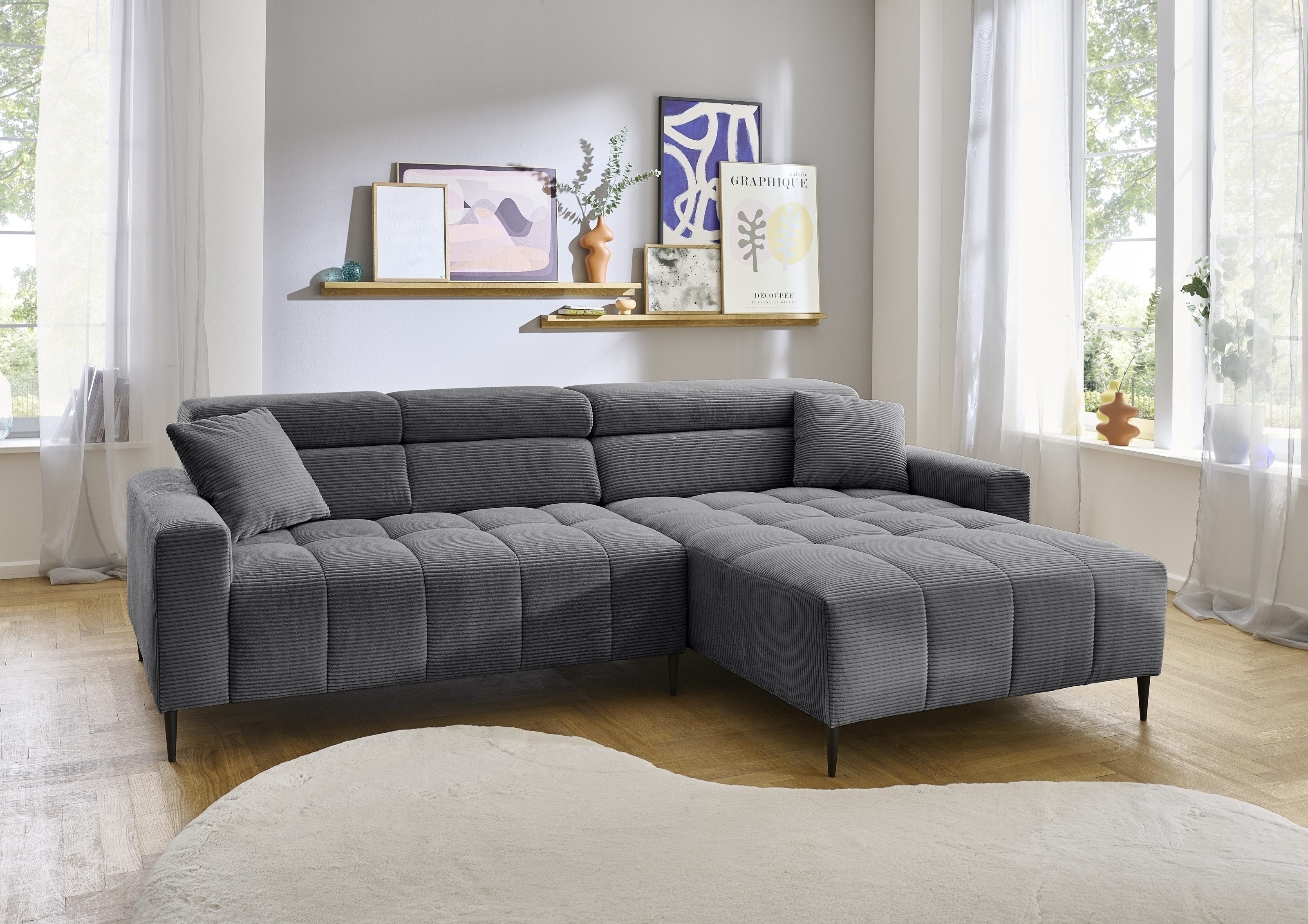 Iwaniccy Wohnlandschaft elektr. Sitztiefenverstellung, Cord grau - 256x100x180cm (BxHxT)