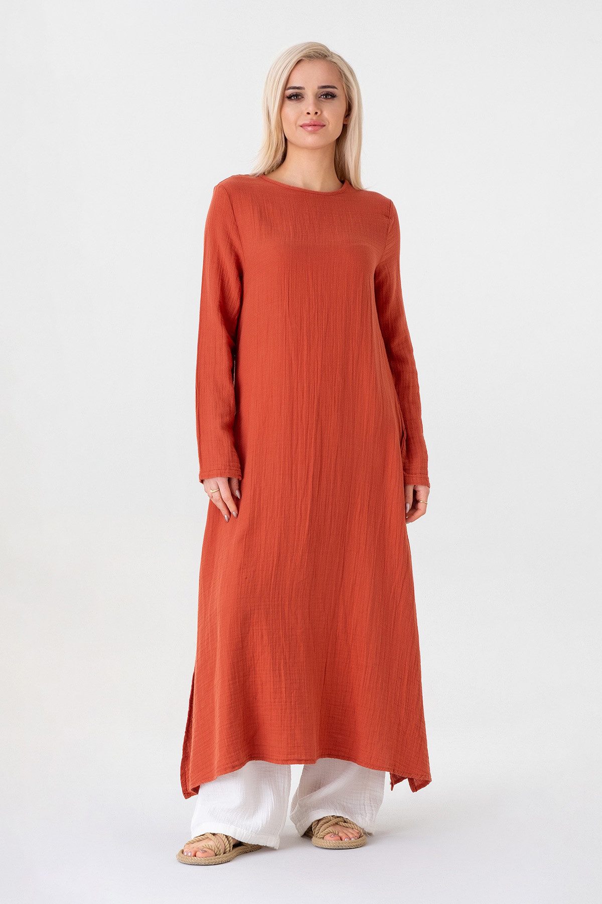 WENOR Longtunika Damen Musselin Longbluse Langarm mit Seitenschlitzen Modest Fashion extra langer Schnitt für bedeckte Looks – Bild 2 von 5
