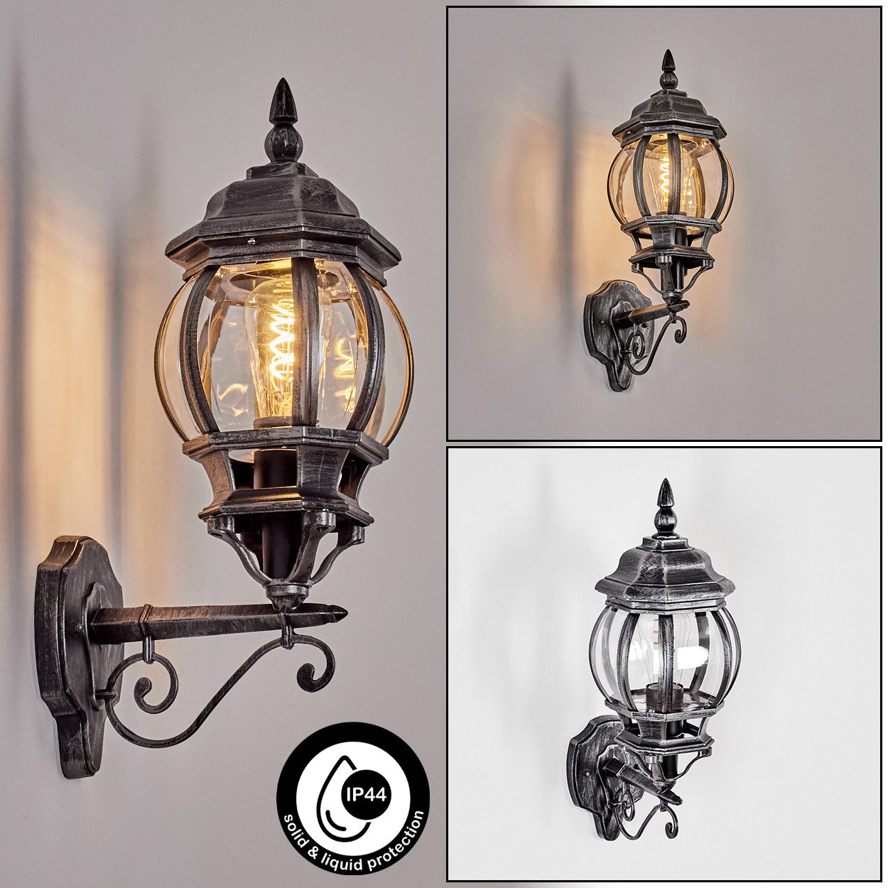 hofstein Außen-Wandleuchte Außenwandlampe aus Metall/Glas in Schwarz/Silberfarben/Klar, ohne Leuchtmittel, Wandleuchte außen aufwärts im Retro/Vintage/Antik-Design, E27, IP44