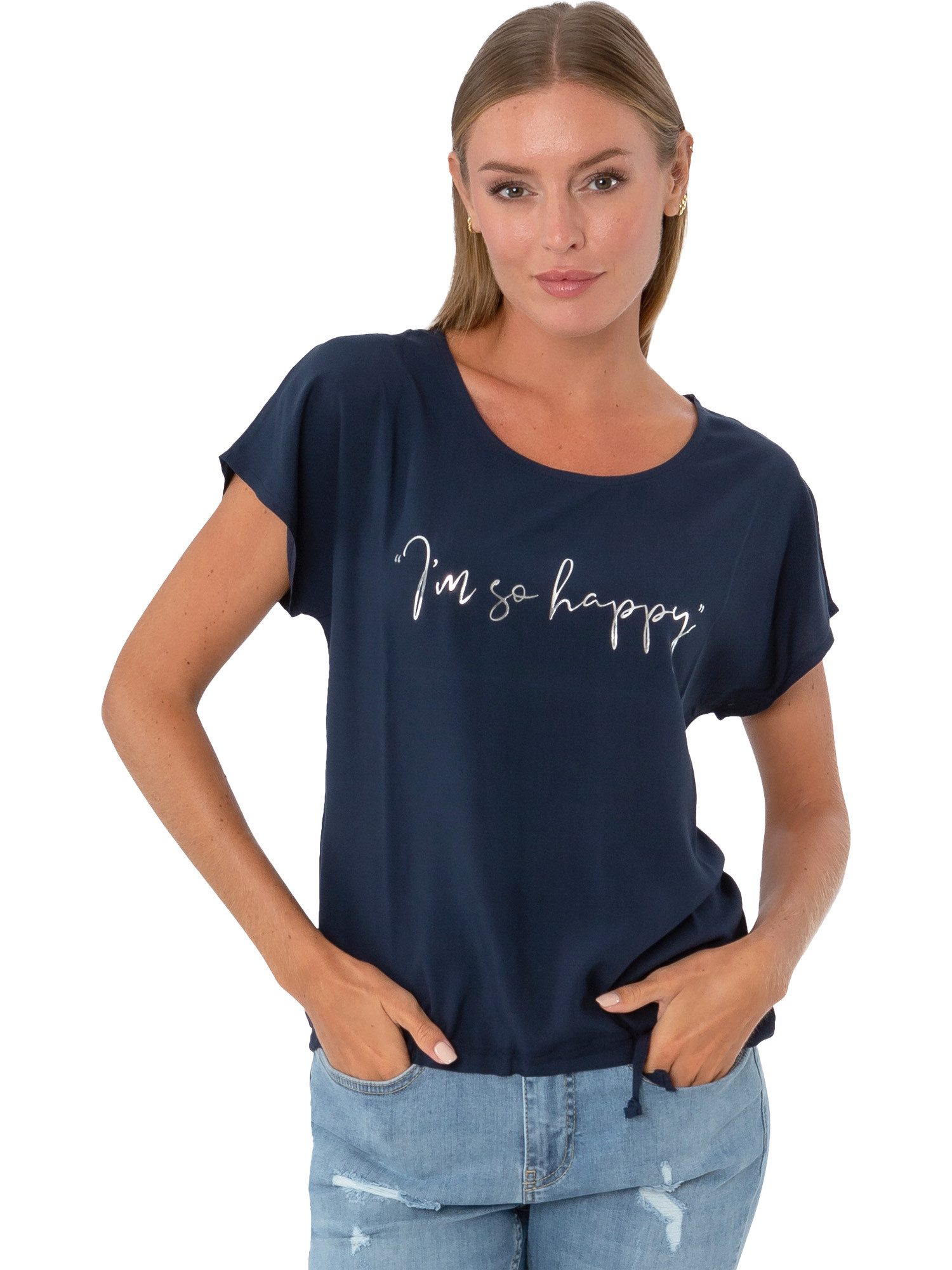 Estefania for woman Blusenshirt 194-1344, " I´m so happy " mit Metallic Print Zugband am Saum
