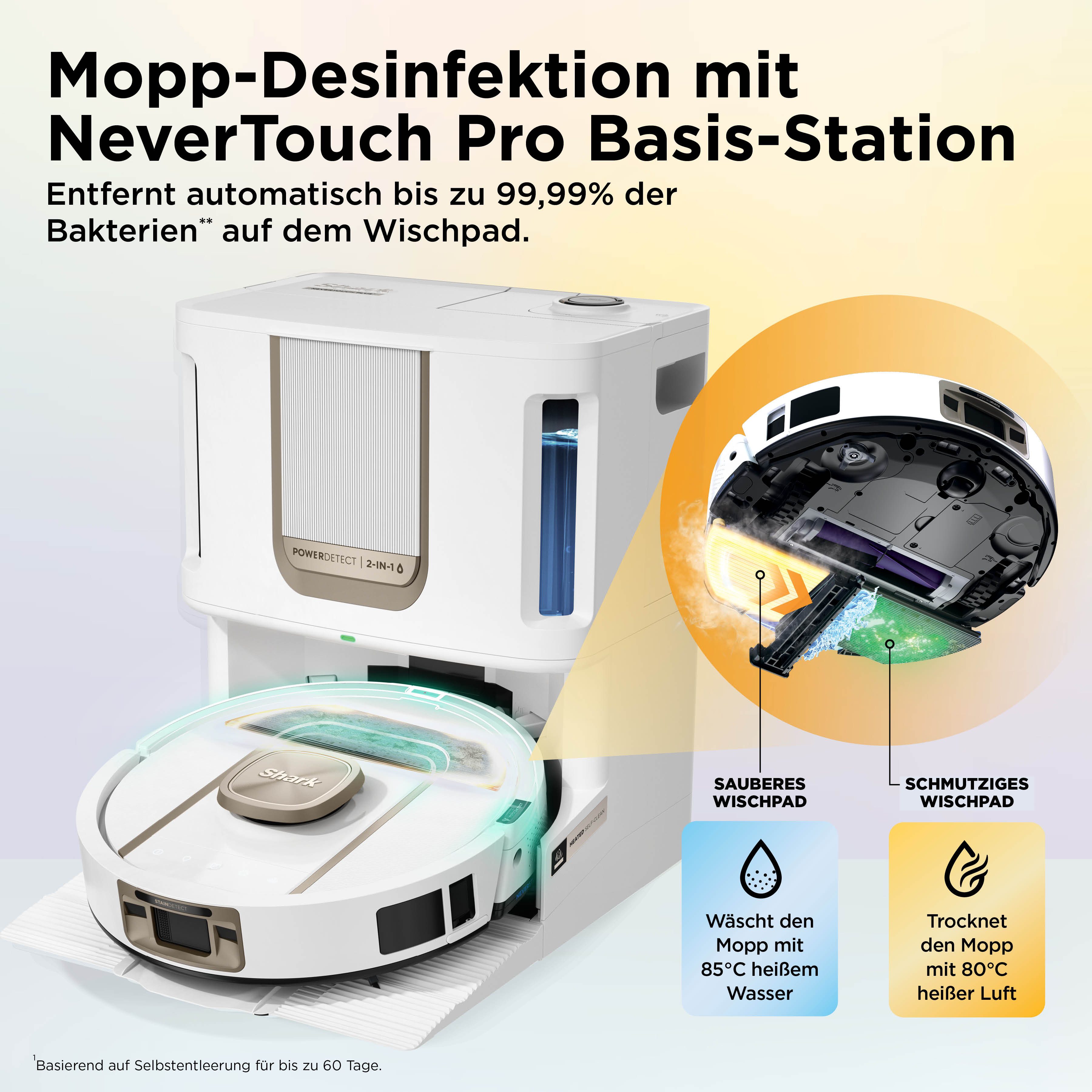 Shark Saugroboter Shark ThermaCharged PowerDetect Saugroboter RV2900XEEUWH, 650 W, beutellos, beheizte Basisstation verwendet 85°C heißes Wasser und 80°C warme Luft