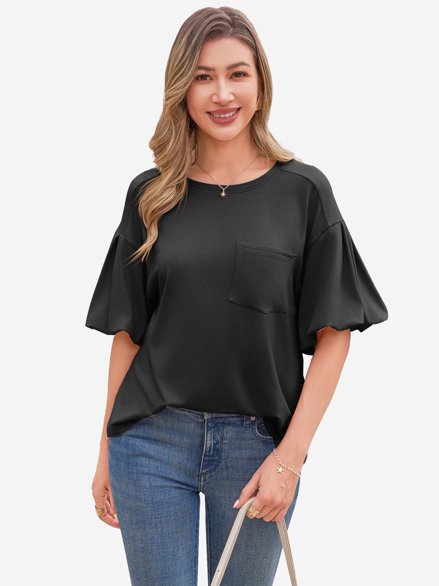 Imily Bela T-Shirt Damen Kurzarmtop mit Puffärmeln (Packung, 1-tlg., 1per-Pack) einfarbig