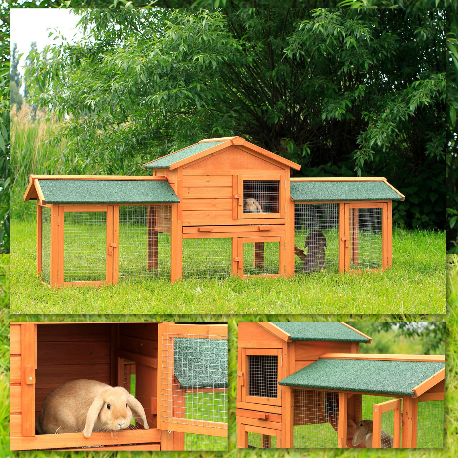 lionto Kleintierstall, großer Doppelstock-Kaninchenstall aus Holz 212x52x85 cm, mit Rampe, Schublade & Bitumendach, wetterfest & sicher