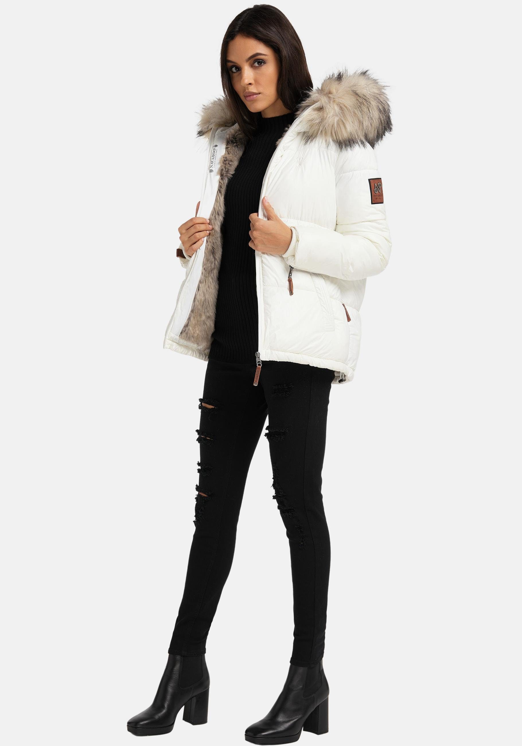 Navahoo Winterjacke Tikunaa warm gefütterte Steppjacke Damen mit Kunstfellkapuze weiß