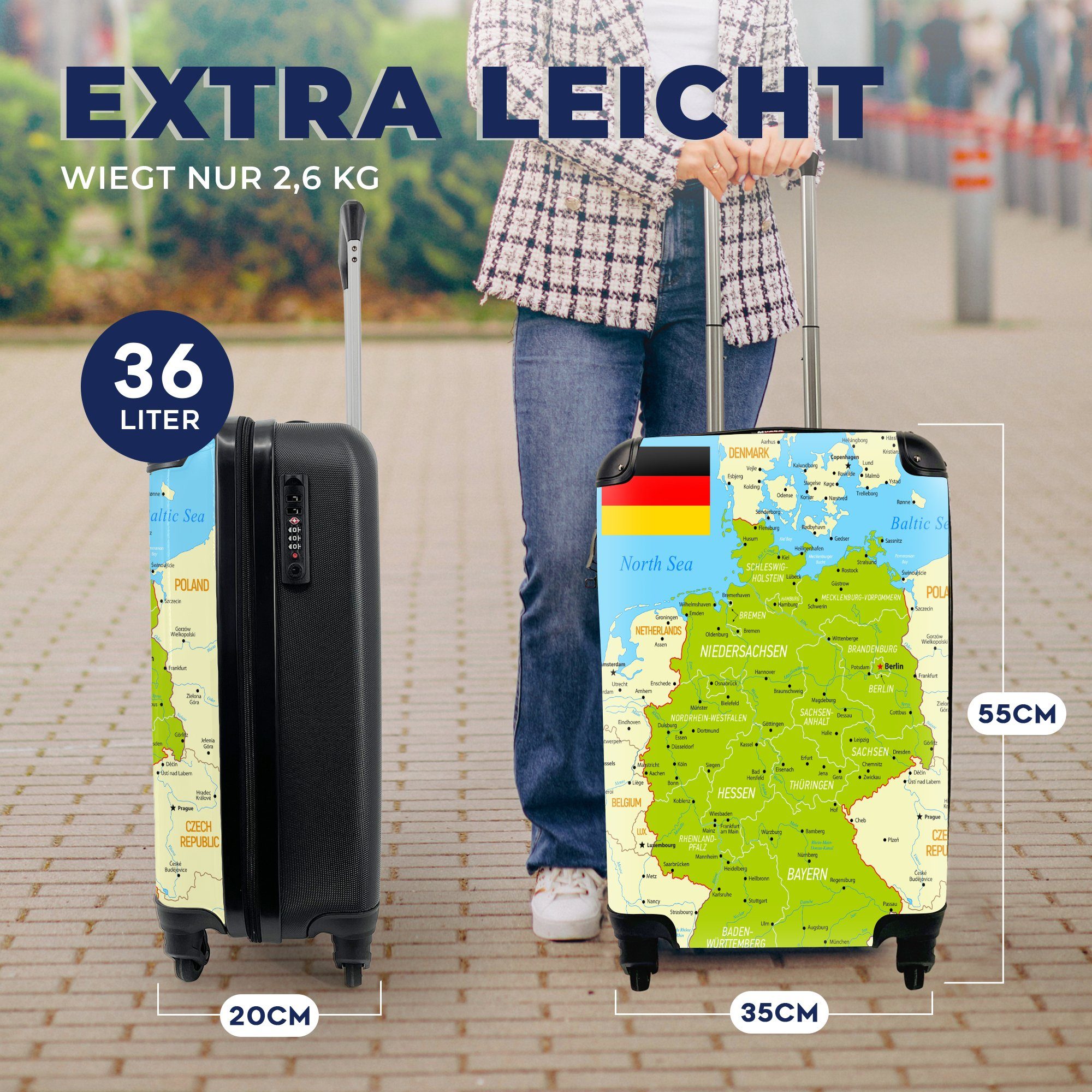Trolley, mit Handgepäckkoffer Handgepäck Ferien, MuchoWow rollen, 4 Reisetasche Reisekoffer für Deutschlandkarte, Bunte Rollen,