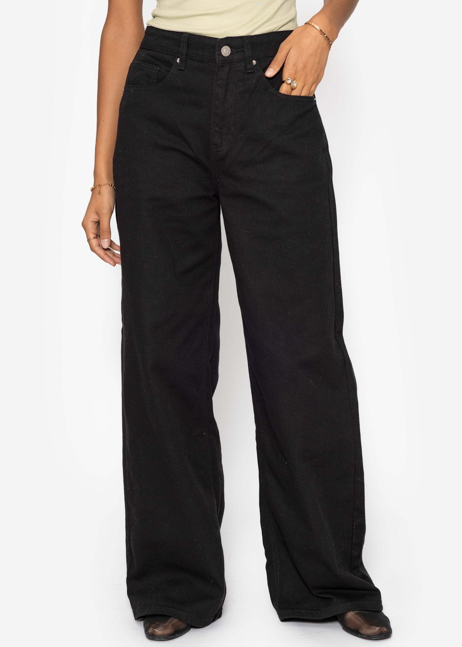 SASSYCLASSY 5-Pocket-Jeans Wide Leg Jeans mit hohem Bund für Damen Jeans im 5-Pocket-Stil aus Baumwolle Beige Offwhite Leo Schwarz Rosa – Bild 4 von 5