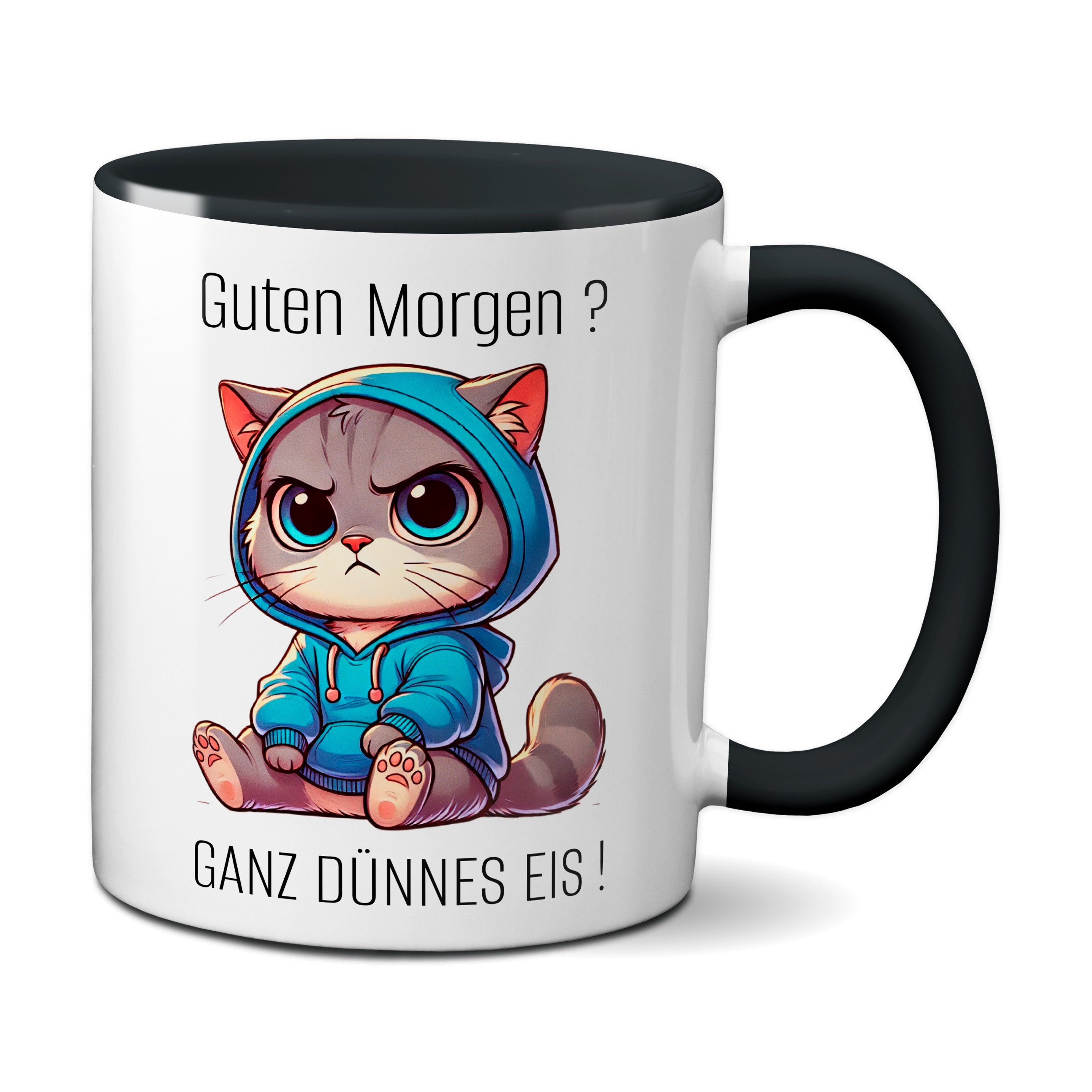 TASSENKING Tasse, Süße Katze mit Spruch - Guten Morgen? Ganz dünnes Eis! (schwarz)