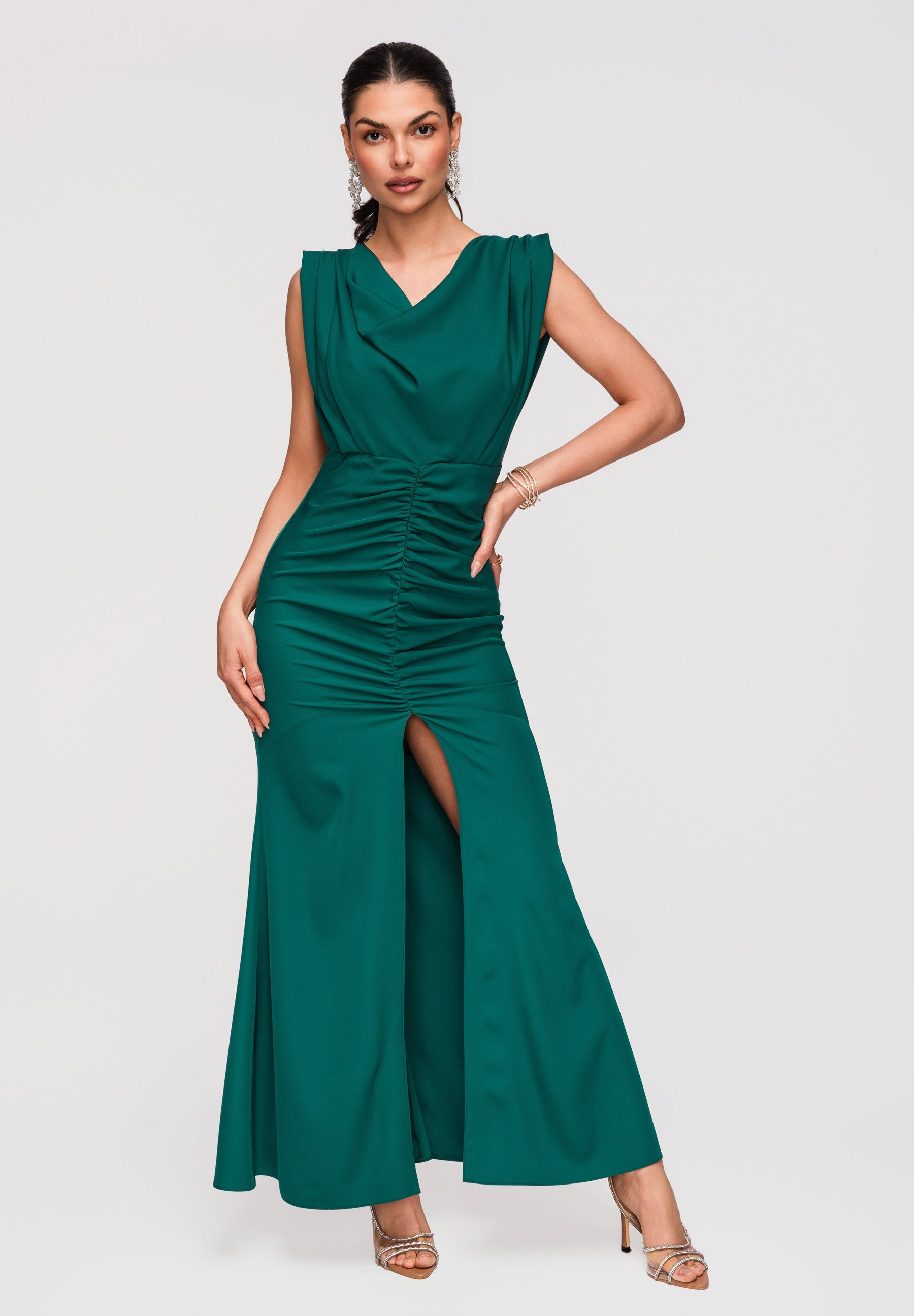 OMBRE Abendkleid Maxikleid Wasserfallkragen Abendmode Grün S (kein Set, 1-tlg) Figurbetonter Schnitt mit ausgestelltem Saum