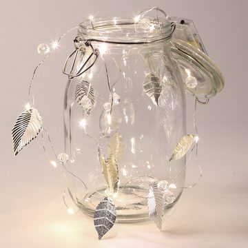 MARELIDA LED-Lichterkette Draht mit silbernen Blättern und Perlen 20 warmweiße LED Batterie, 20-flammig