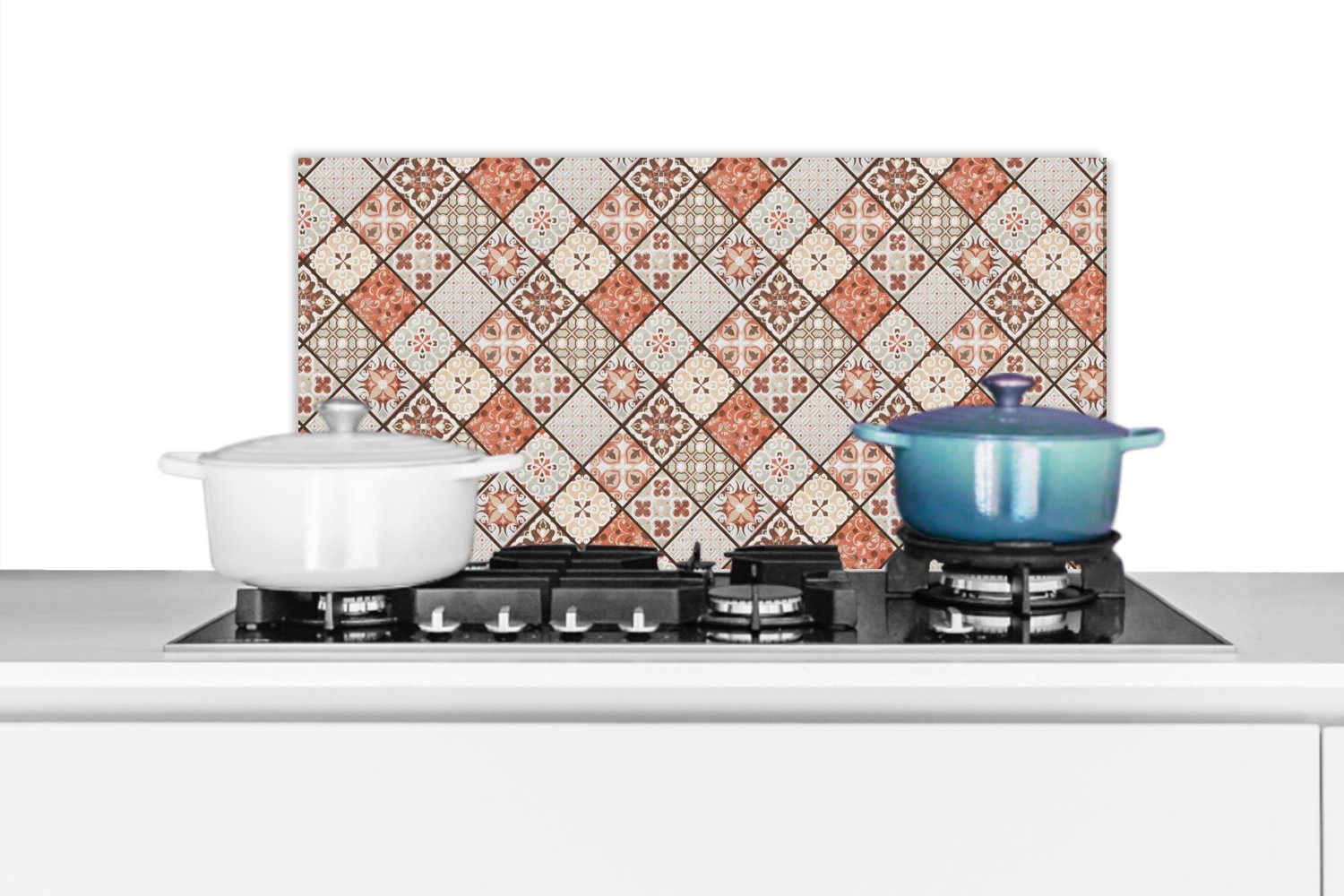 MuchoWow Küchenrückwand Vintage - Kacheln - Orange - Patchwork, (1-tlg), 60x30 cm, Wandschutz, gegen Fett und Schmutzflecken für Küchen | Küchenrückwände