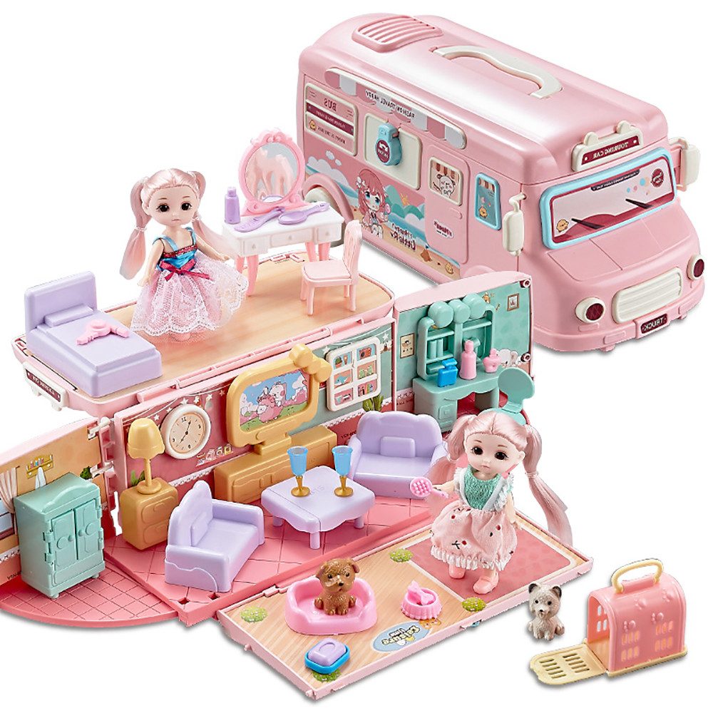 DINO SONO Puppenwohnwagen Campingwagen Spielzeug mit Wohn- und Schlafzimmer günstig online kaufen