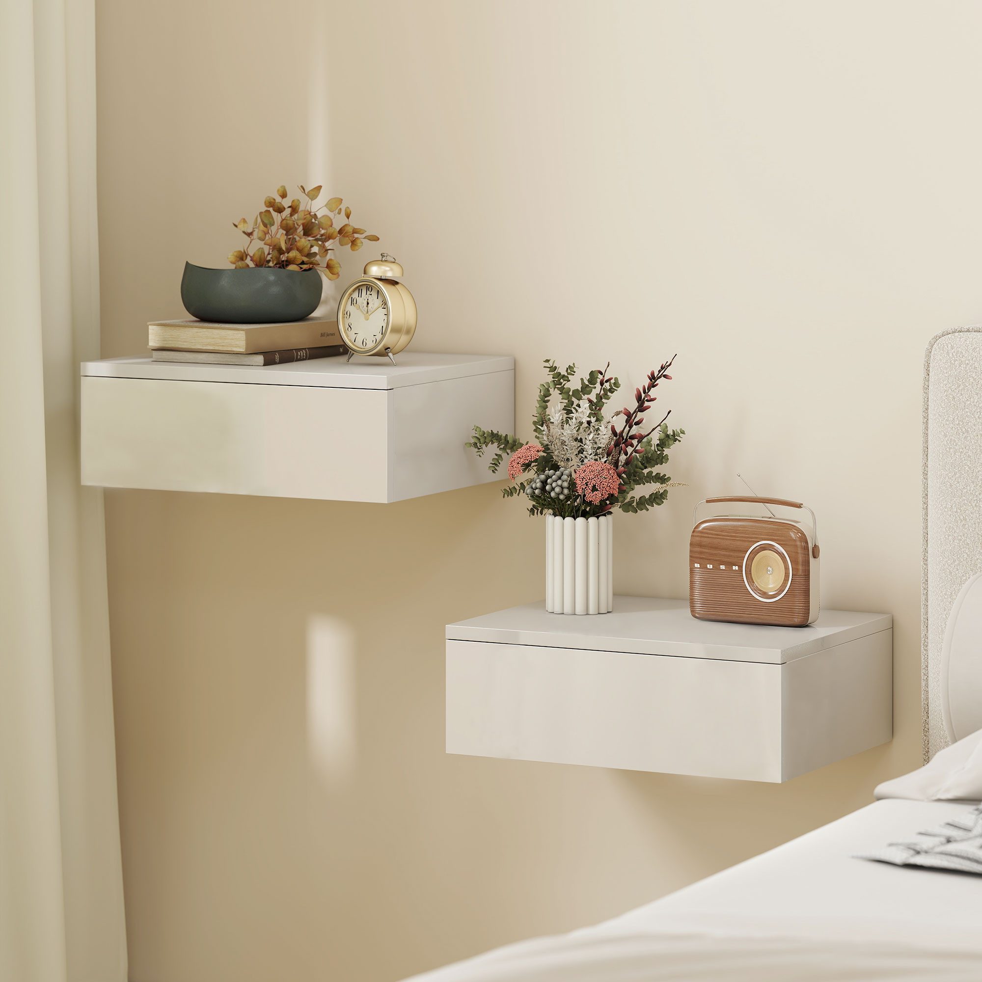 HOMCOM Nachttisch hängend, mit Schublade, modern, Hochglanz-Nachtkommode (schwebender Nachtschrank, 2-St., Nachtkästchen Wandmontage), für Schlafzimmer Wohnzimmer, 40 x 30 x 14 cm, Weiß
