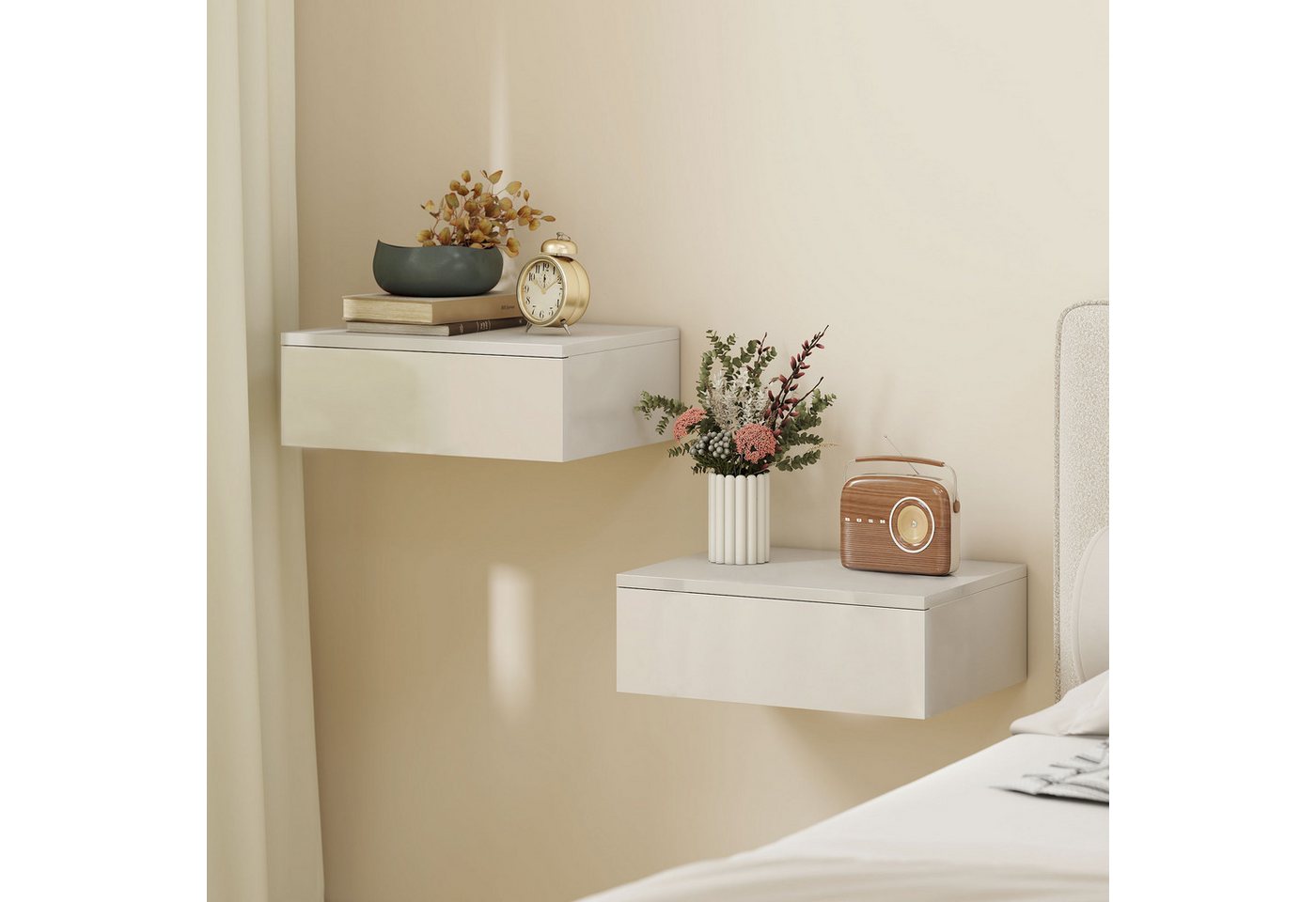 HOMCOM Nachttisch hängend, mit Schublade, modern, Hochglanz-Nachtkommode (schwebender Nachtschrank, 2-St., Nachtkästchen Wandmontage), für Schlafzimmer Wohnzimmer, 40 x 30 x 14 cm, Weiß