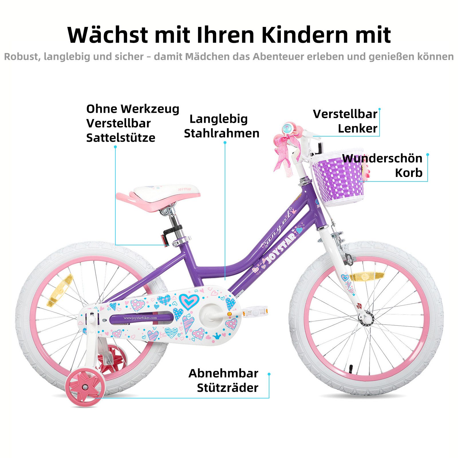JOYSTAR Kinderfahrrad 12 14 16 18 20Zoll Mädchenfahrrad, 3 - 9 Jahre,Geschenk für Prinzessin, 1 Gang, Mit Hilfsrädern, farbigen Bändern, Korb, Reflektor, Kettenabdeckung