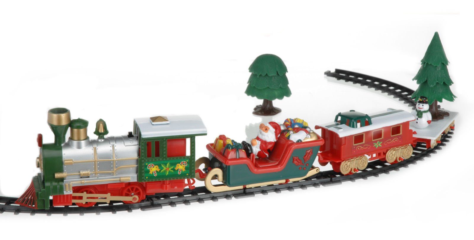 Spetebo Weihnachtsszene Weihnachtszug rot mit Musik und Beleuchtung, Weihnachtlicher Zug 91 cm bestehend aus 22 Teilen
