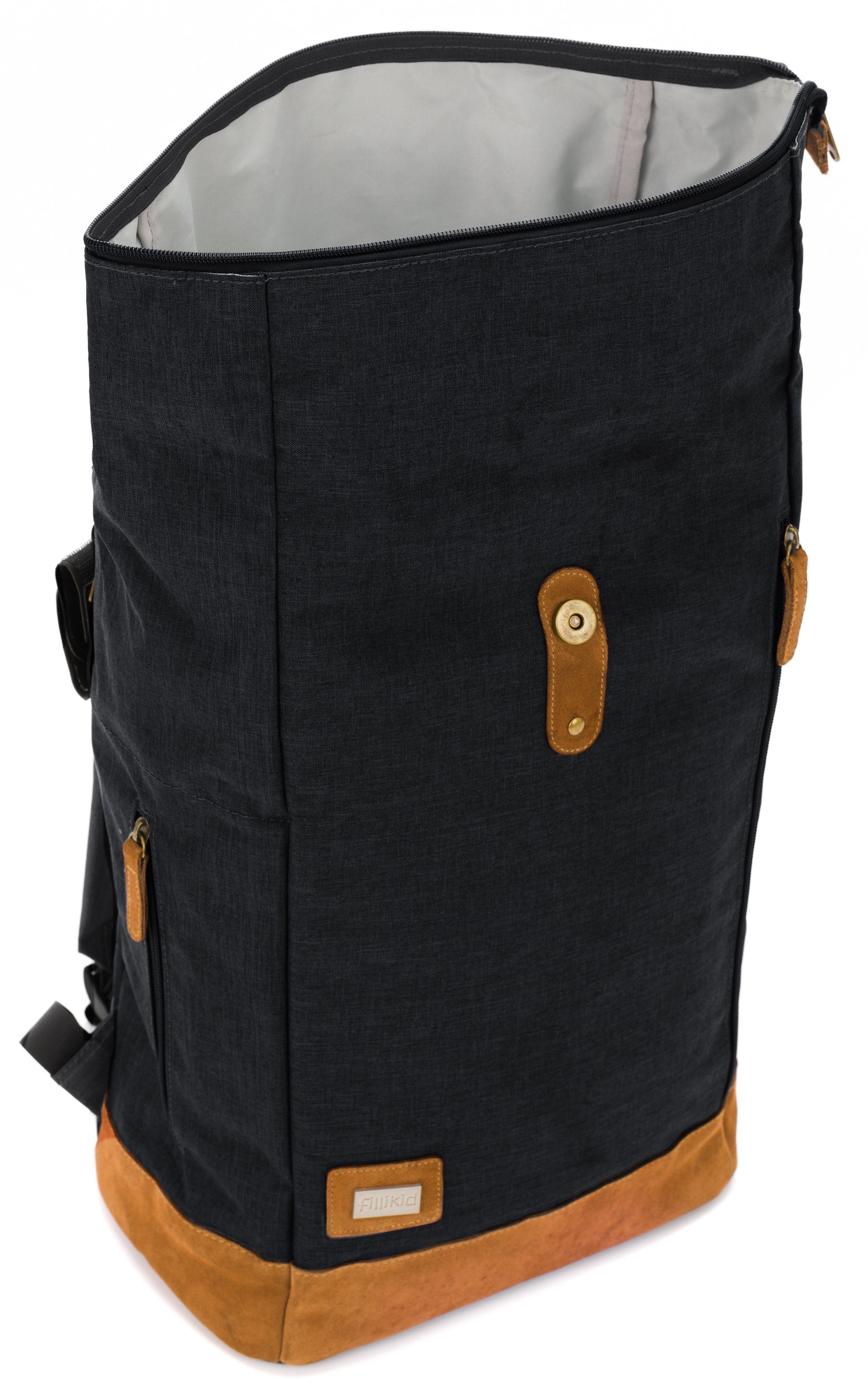 Fillikid Wickelrucksack Rolltop Berlin, schwarz melange, inkl. Wickeltunterlage