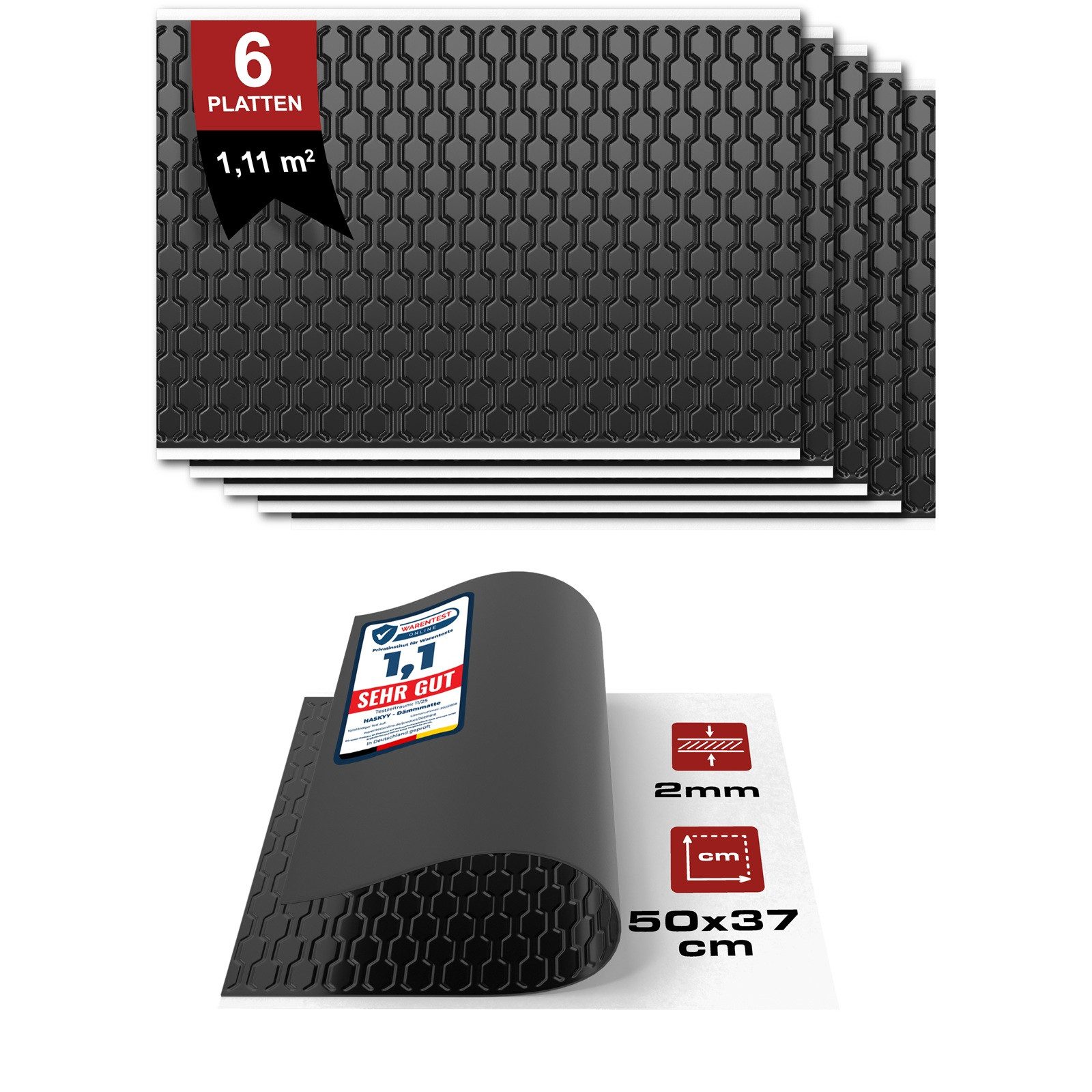 HASKYY 2mm Alubutyl Platten 1,11m² 500x370mm 6x Schwarz Anti Dröhn Dämmmatte Auto-Lautsprecher