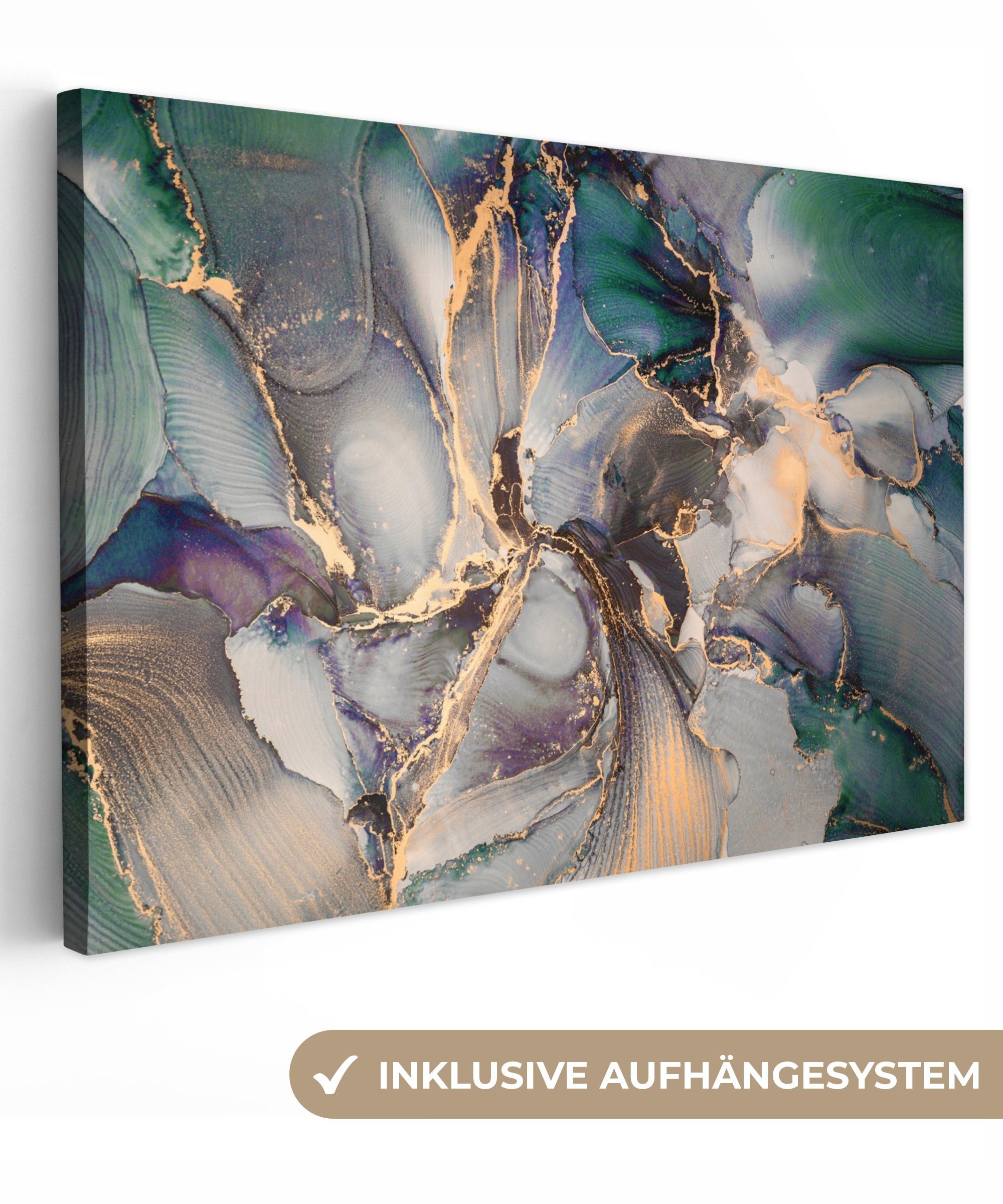 OneMillionCanvasses® Leinwandbild Gold - Blau - Marmor, Fotodruck (1 St), Leinwand Bilder groß für Wohnzimmer 140x90 cm