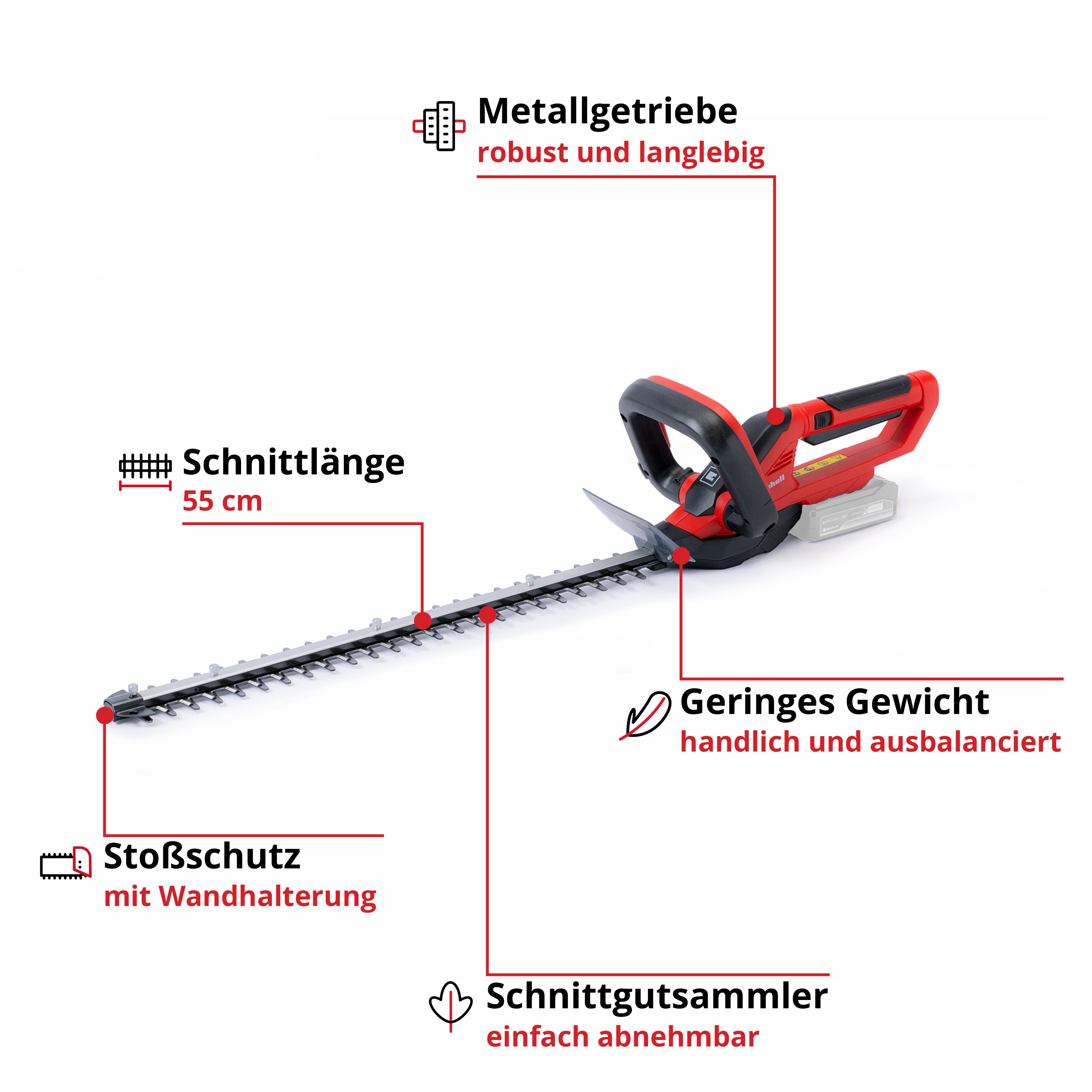 Einhell Akku-Heckenschere GC-CH 1855/1 Li Solo, 55 cm Schnittlänge, ohne Akku und Ladegerät