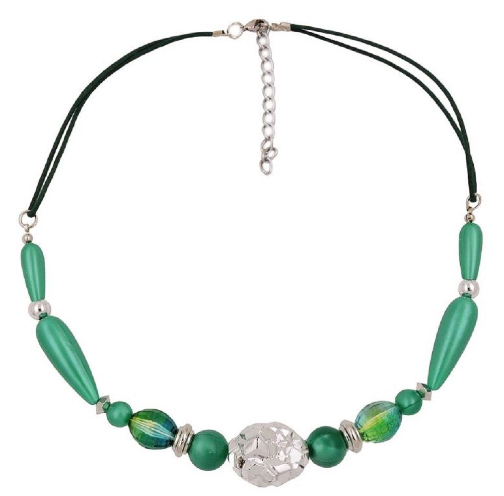 Collier Kette Kunststoff-Perlen Strukturperle chrom seidig-grün Kordel 45 cm