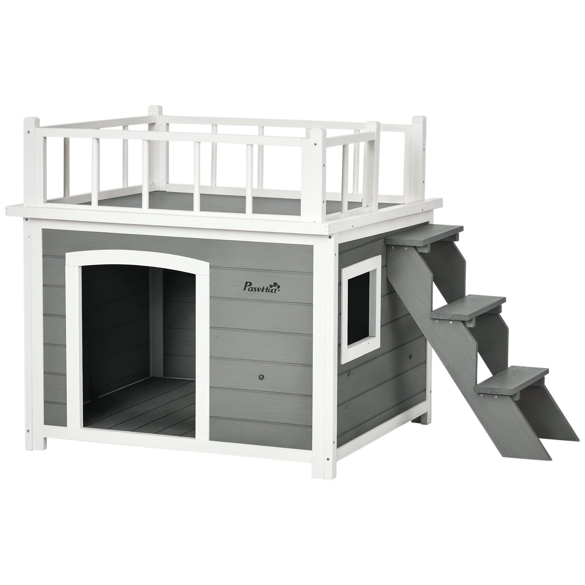 PawHut Hundehütte Hundehaus mit Balkon, Hellgrau 121 x 77 x 78 cm