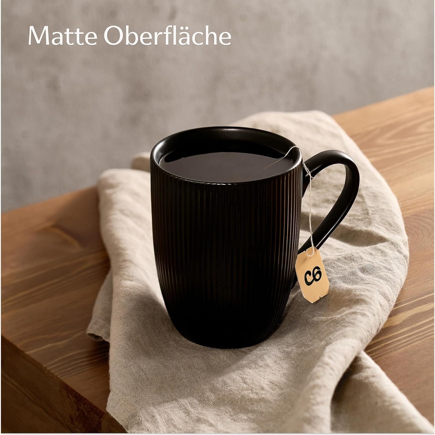 Cosumy Tasse Kaffeetassen 6er Set in Schwarz Matt 350ml - Streifenmuster - Keramik, 6-tlg., Keramik, Auch als Teebecher, Teetasse, Lungo Tasse - Mit Streifenmuster