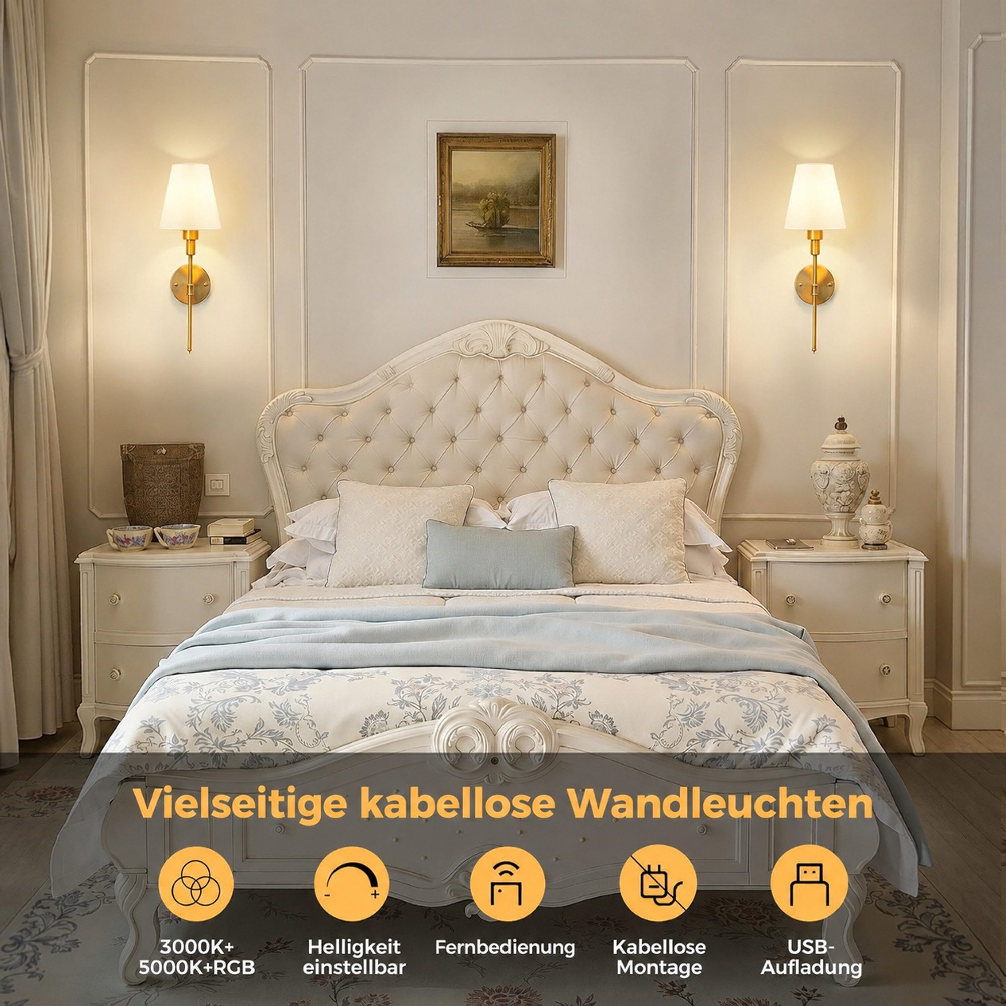 LOHAS-LED Wandleuchte 2er-Set kabellose Wandlampen mit Stoffschirm, RGBCW dimmbar, LED wechselbar, warmweiß, kaltweiß, wechselbare RGB-Farbtöne, Wiederaufladbar mit IR-Fernbedienung & Timer