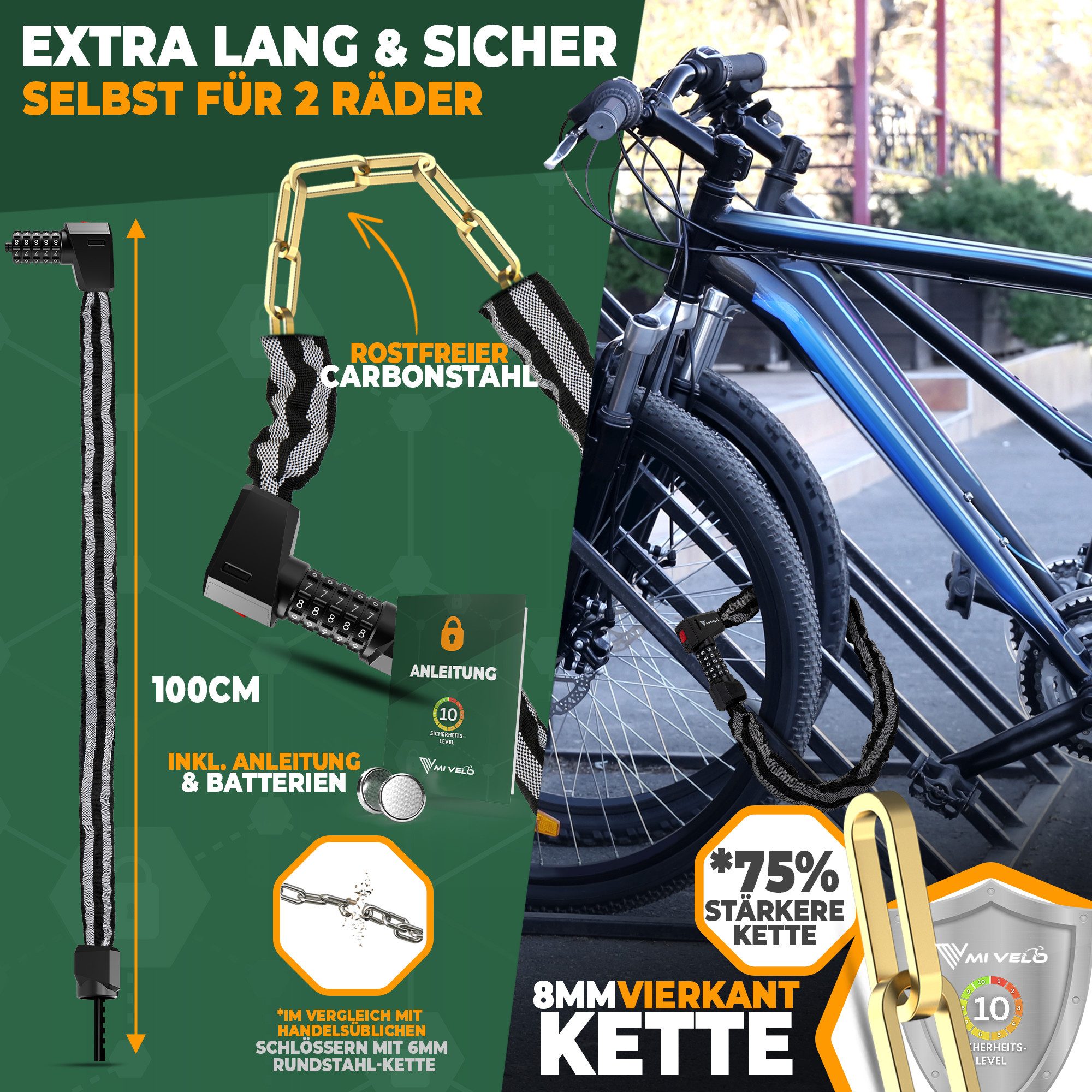 MIVELO Kettenschloss MIVELO FAHRRADSCHLOSS mit Zahlencode 100 cm Fahrrad Schloss, Vierkantstahl