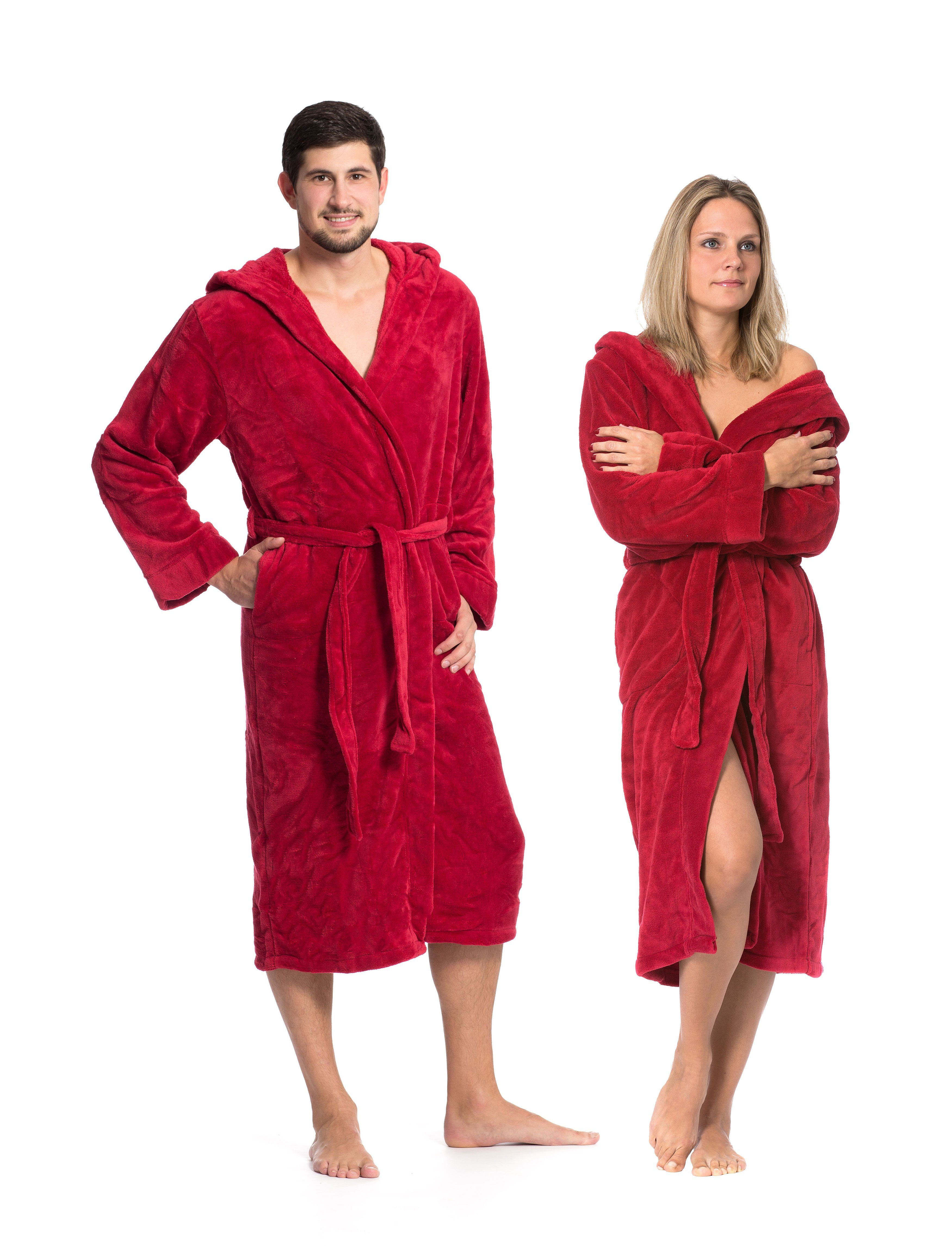 ZOLLNER Unisex-Bademantel, 100% Polyester, Kapuze, Gürtel, Kapuze, 100% Polyester, vom Hotelwäschespezalisten, S-XXL weinrot