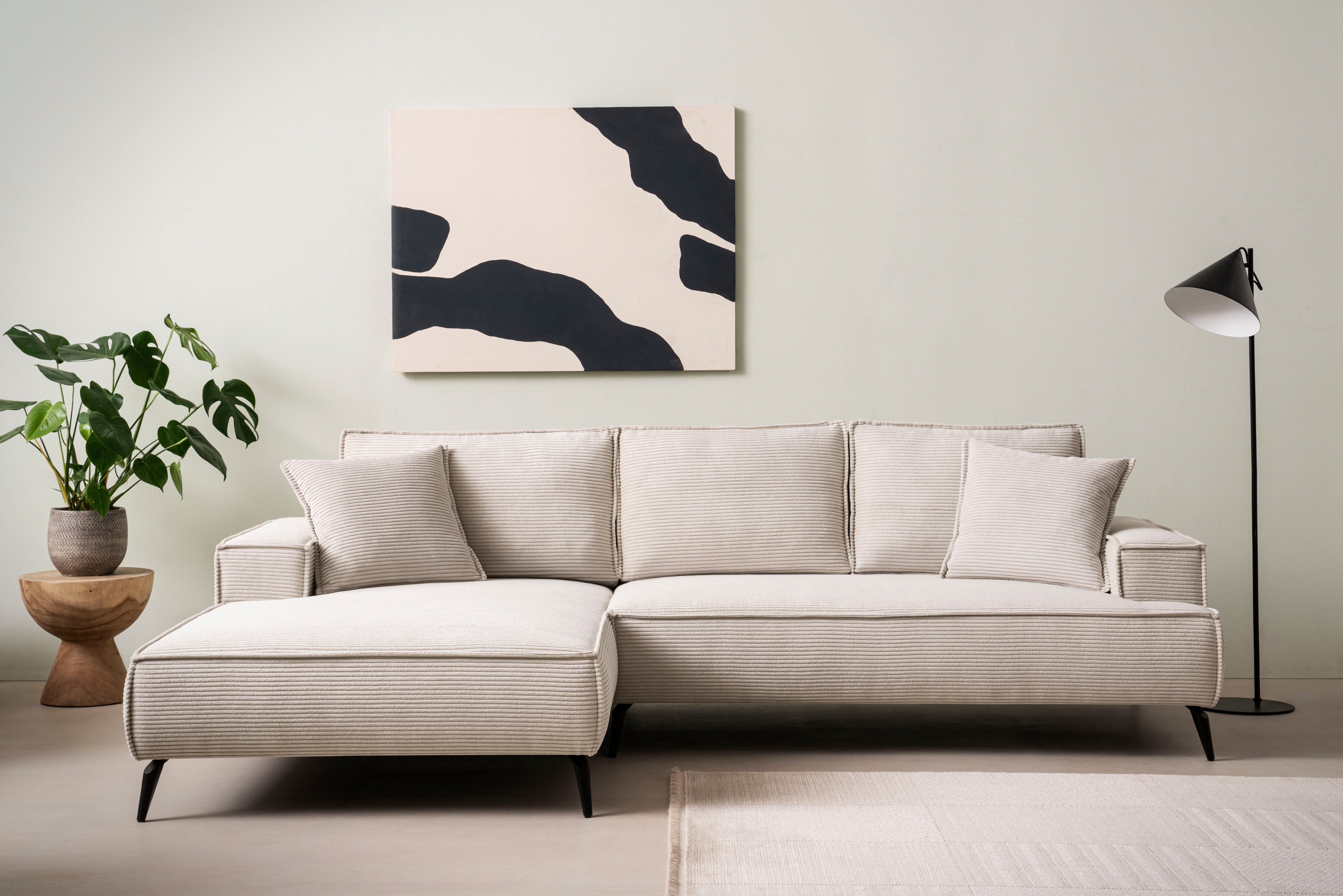 andas Ecksofa TVINNU, L-Form, 275cm, in Cord und Flachgewebe, wahlweise Recamiere rechts/links, schwarze Füße, bequemer Sitzkomfort