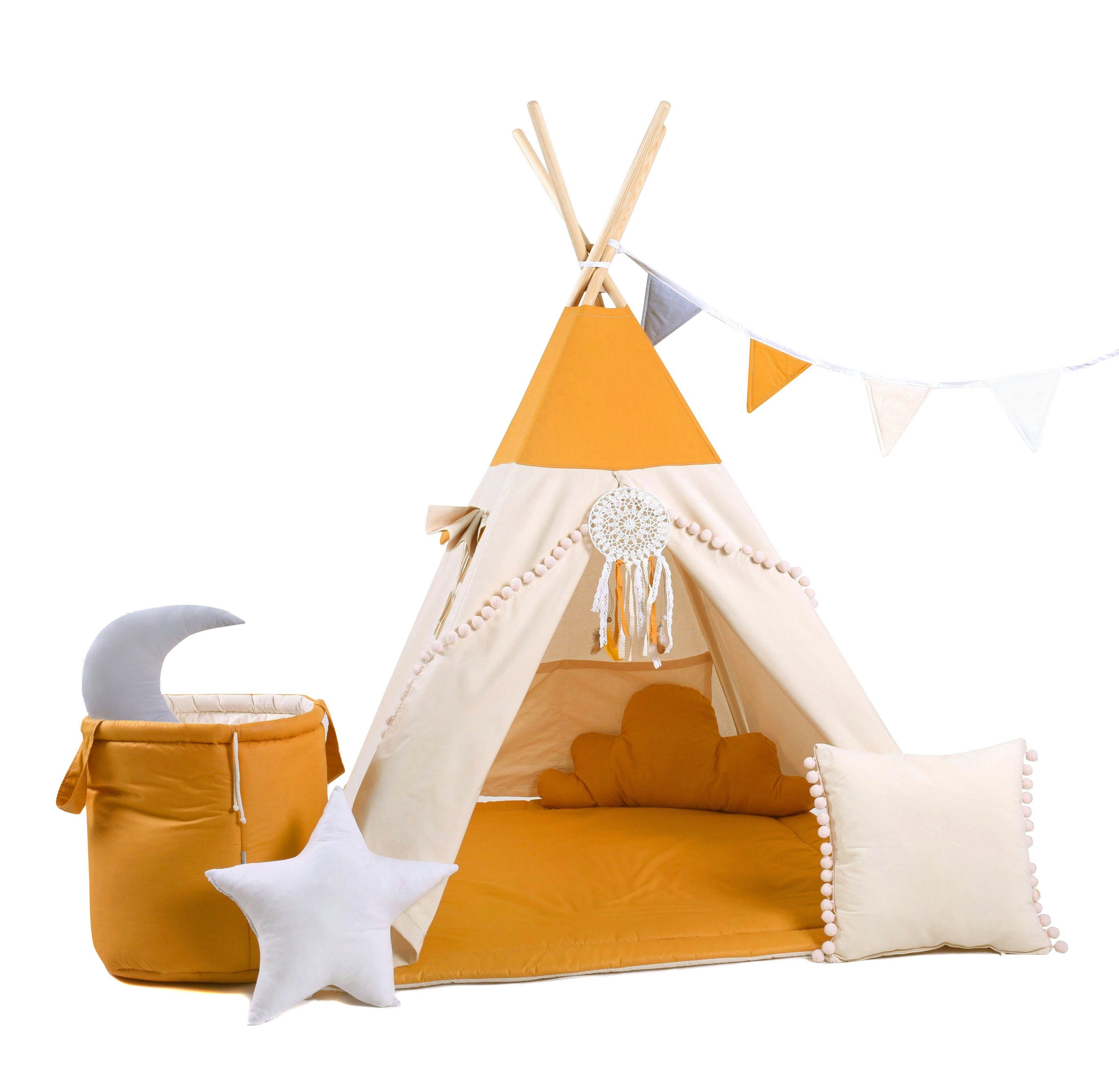 Rainbow Kids Tipi-Zelt Kinderzelt Spielzelt Teepee mit Fenster, Personen: 2 (mit Zubehör, mit 4 Kissen, Matte, Spielzeugkorb und Wimpelkette), Made in Europe