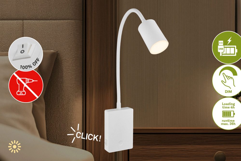 Briloner Leuchten LED Leselampe SMOOTH, LED fest integriert, 7x51x4,5 cm, Schlafzimmer, Kinderzimmer
