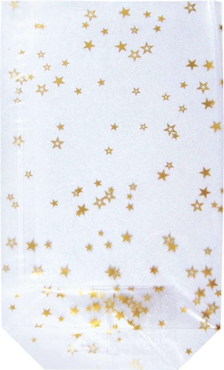 Beuteltasche 10er Bodenbeutel "Sterne" 95 x 160 mm klar mit goldenen Sternen