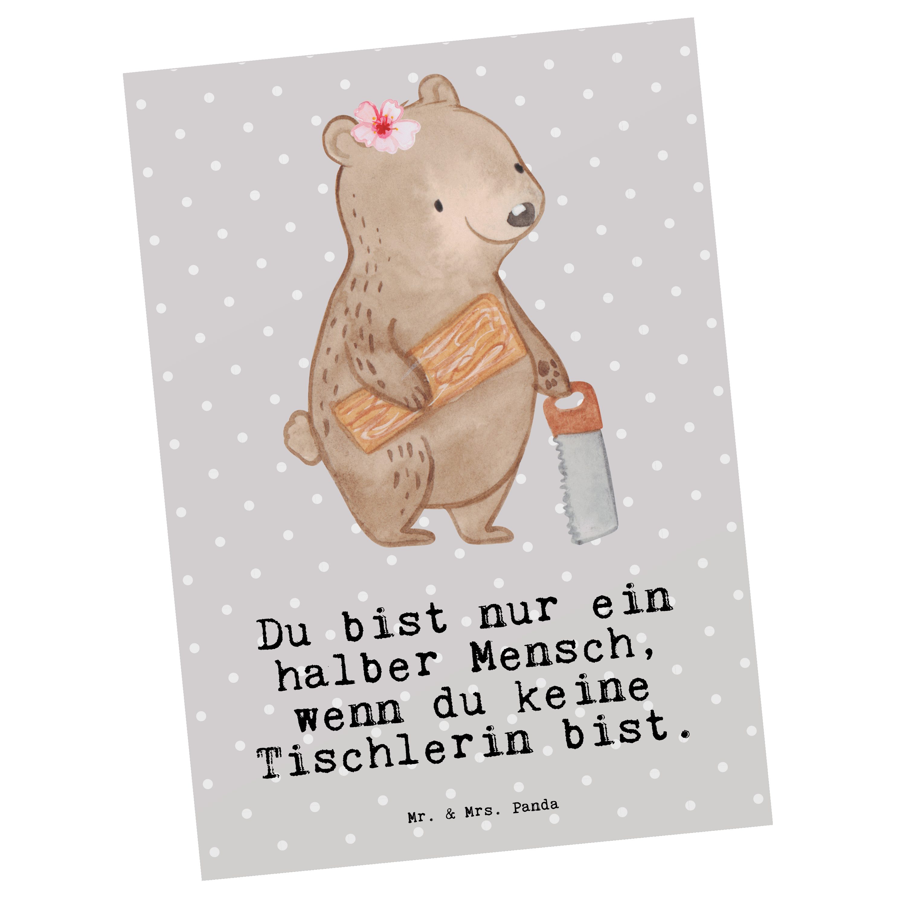 Mr. & Mrs. Panda Postkarte Tischlerin mit Herz - Grau Pastell - Geschenk, Geschenkkarte, Karte