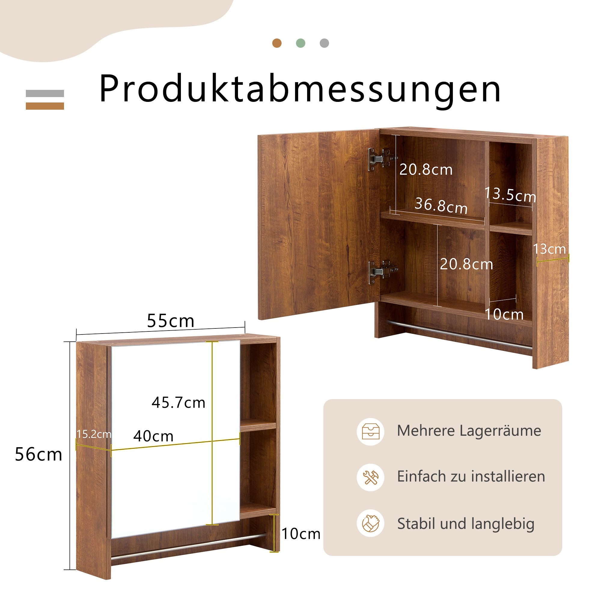 gopop Badezimmerspiegelschrank aus MDF, weiß/Nussbaum, wandmontiert (1-St) Offene Ablagefächer