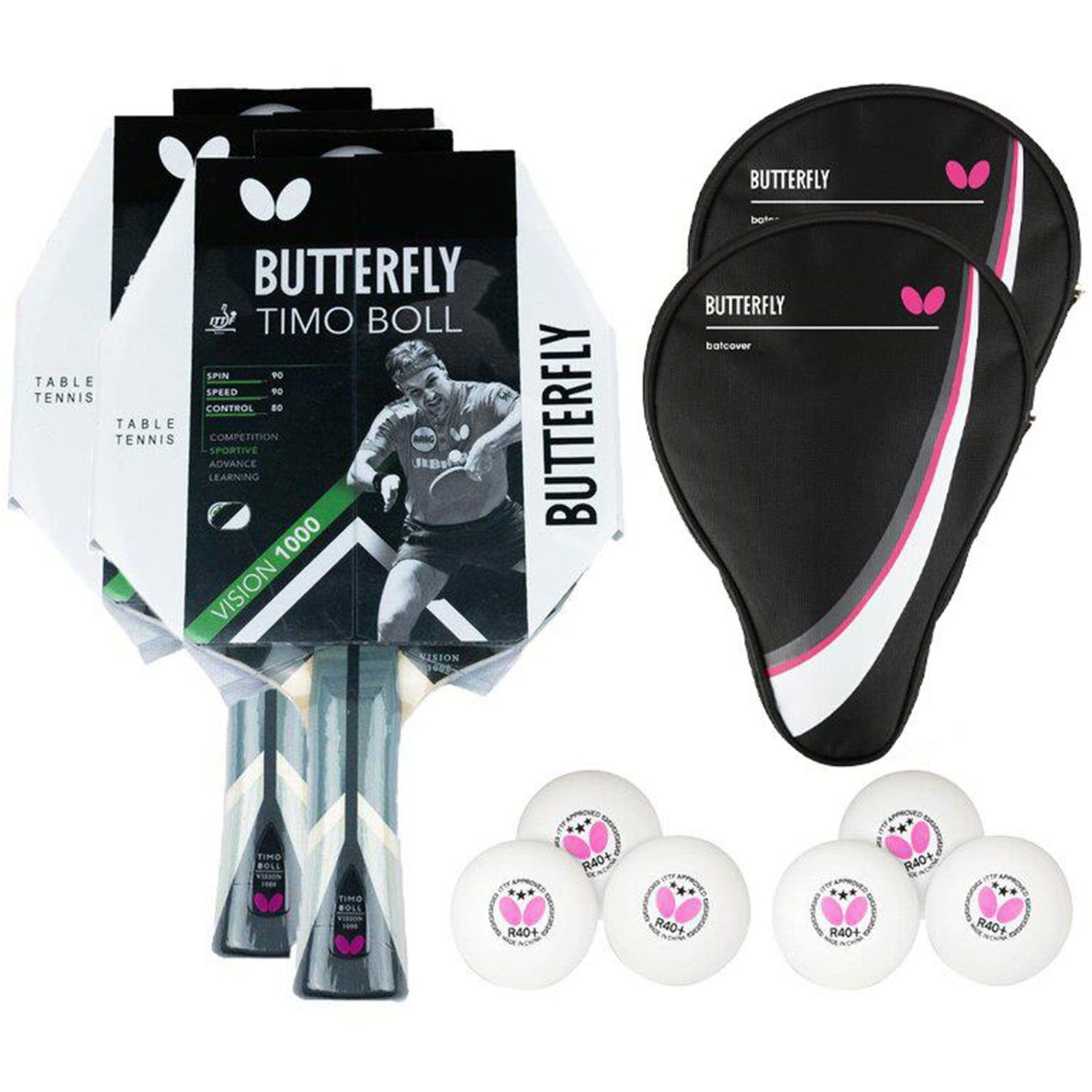 Butterfly Tischtennisschläger 2x Timo Boll Vision 1000 + 2x Drive Case 1 + Bälle, Tischtennis Schläger Set Tischtennisset Table Tennis Bat Racket